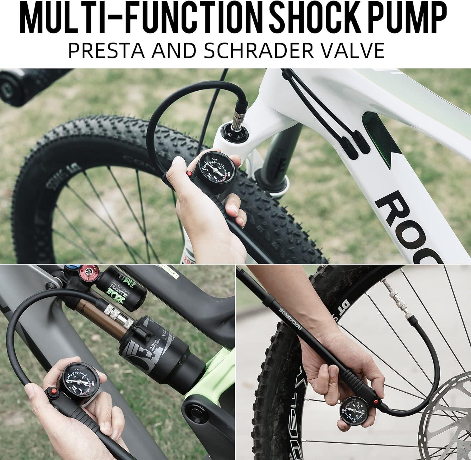 imageROCKBROS Bike Shock Pump High Pressure 300 PSI for Rear Shock amp Suspension Fork Bicycle Tire Pump with Gauge Schrader amp Presta Valve for Mountain Road Bikes and Motorcycle