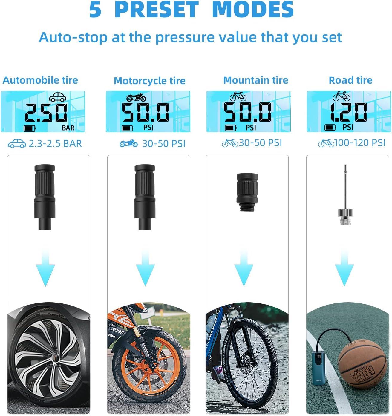 imageROCKBROS Electric Bike Pump 150 Psi Tire Inflator Portable Air Compressor 2600mAh Rechargeable Air Pump with Digital Pressure Gauge AutoStop Tire Pump for Bicycle Motorcycle Car and Ball