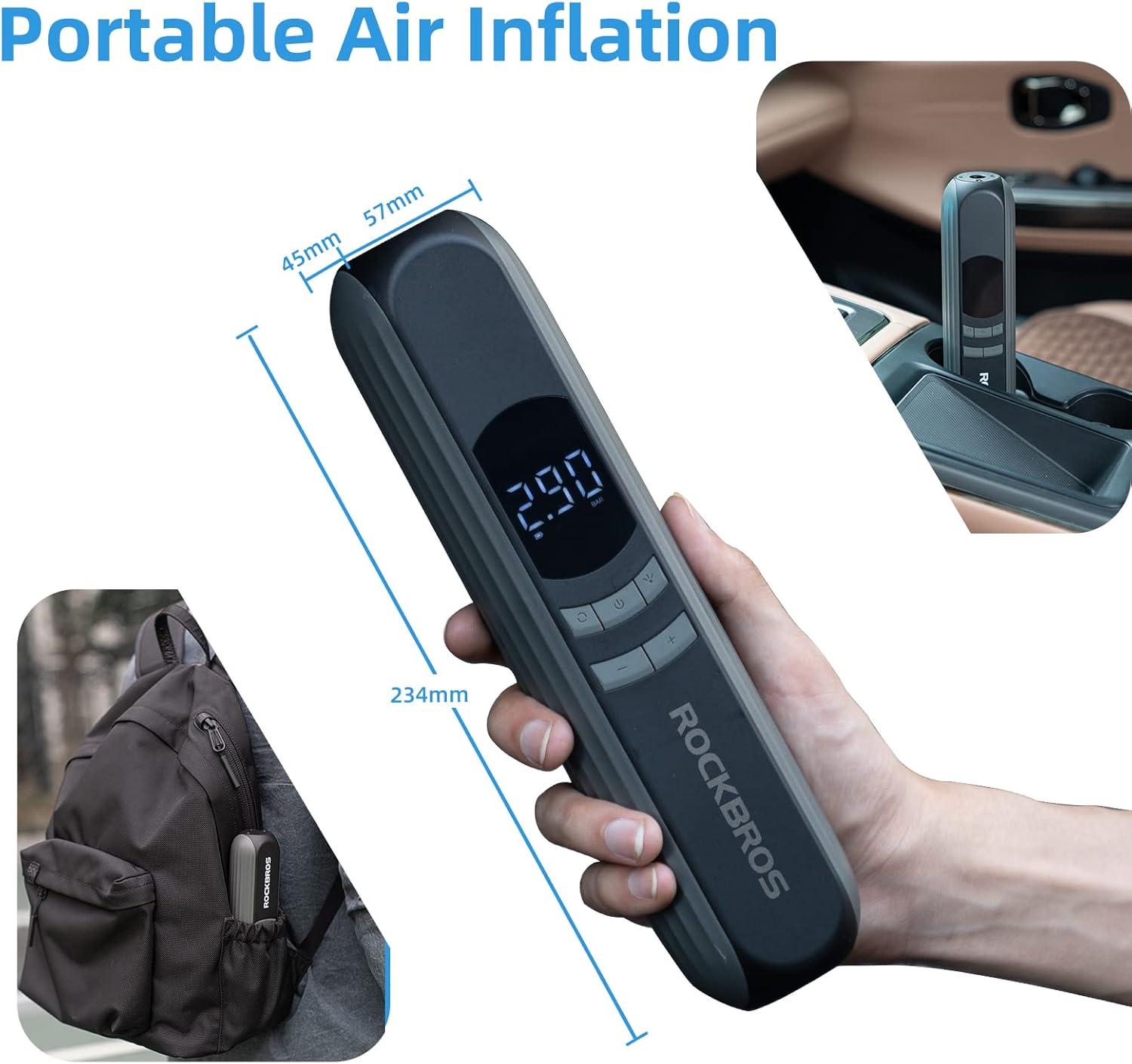 imageROCKBROS Electric Bike Pump 150 Psi Tire Inflator Portable Air Compressor 2600mAh Rechargeable Air Pump with Digital Pressure Gauge AutoStop Tire Pump for Bicycle Motorcycle Car and Ball