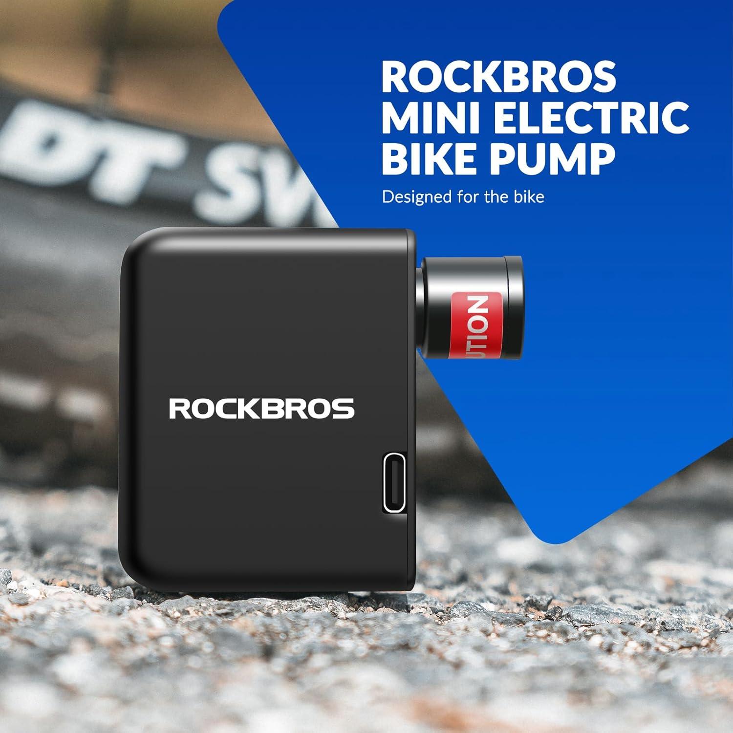 imageROCKBROS Electric Mini Bike Pump Max 100 PSI Bicycle PocketSize Air Pump with Presta Schrader Valve Durable Aluminum Cycling Gifts for EBike MTB and Road BikeAS1
