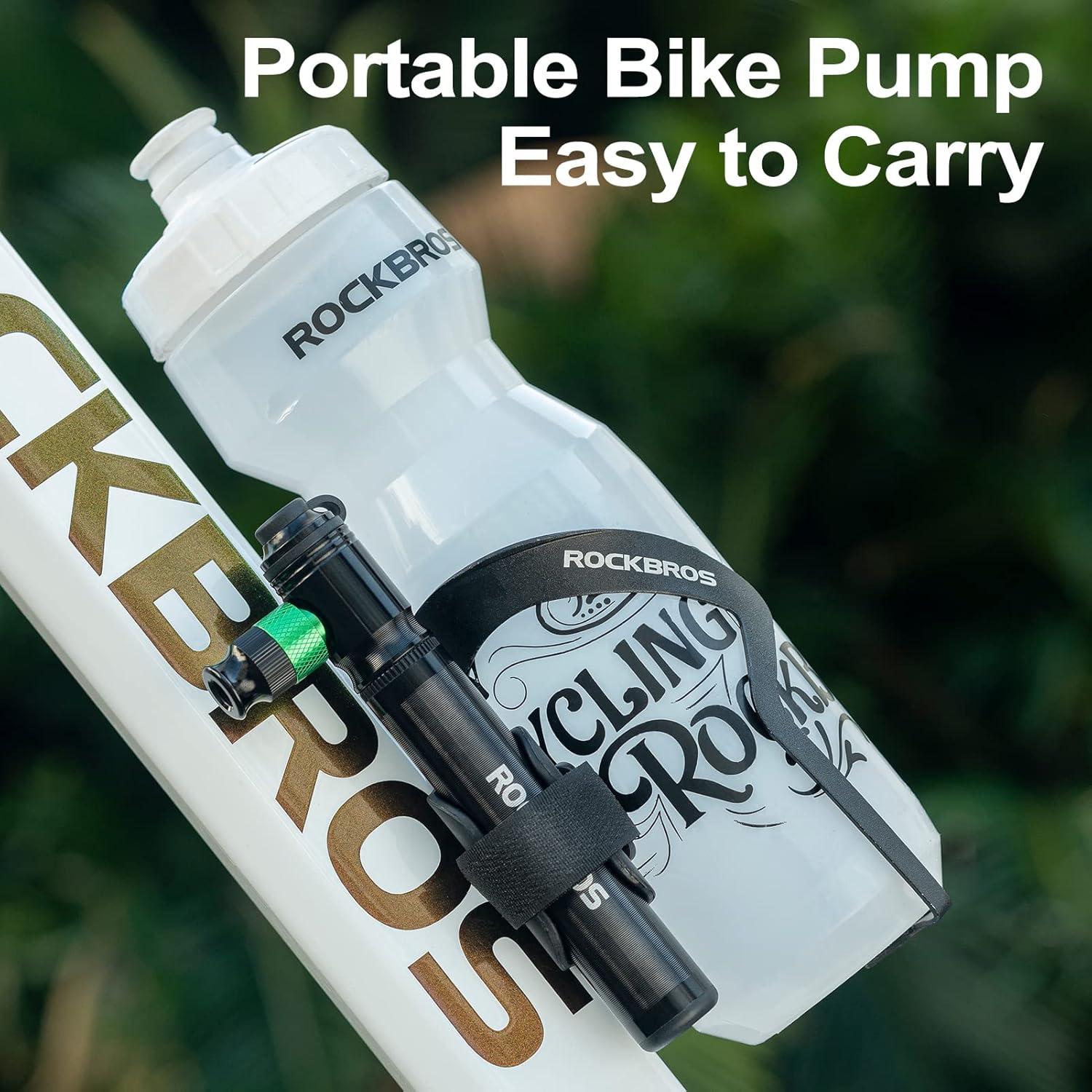 imageROCKBROS Mini Bike Pump 110PSI Hand Pump and CO2 Inflator Dual Purpose Presta and Schrader Valve Compatible Bicycle Tire Pump for Road and Mountain Bikes Insulated Sleeve No CO2 Cartridges Included