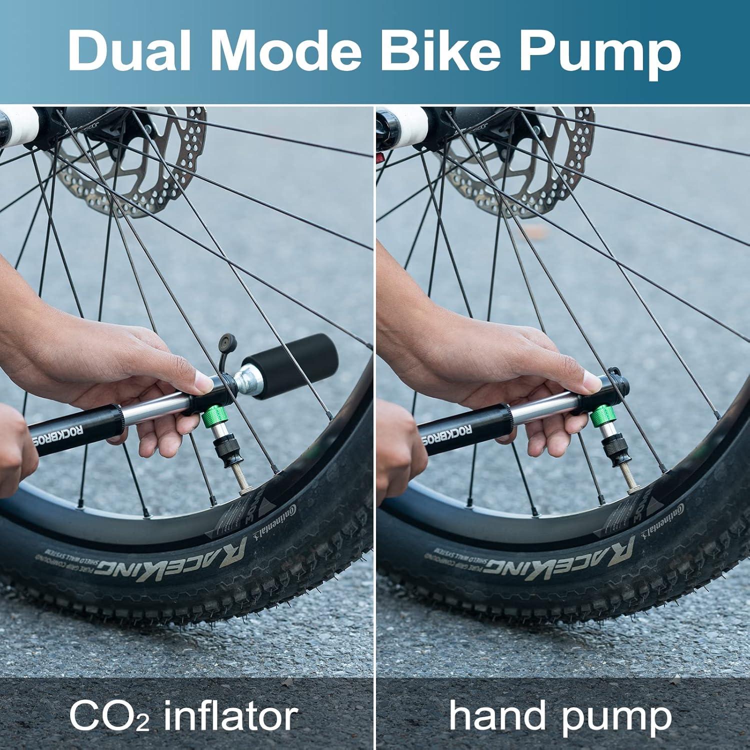 imageROCKBROS Mini Bike Pump 110PSI Hand Pump and CO2 Inflator Dual Purpose Presta and Schrader Valve Compatible Bicycle Tire Pump for Road and Mountain Bikes Insulated Sleeve No CO2 Cartridges Included