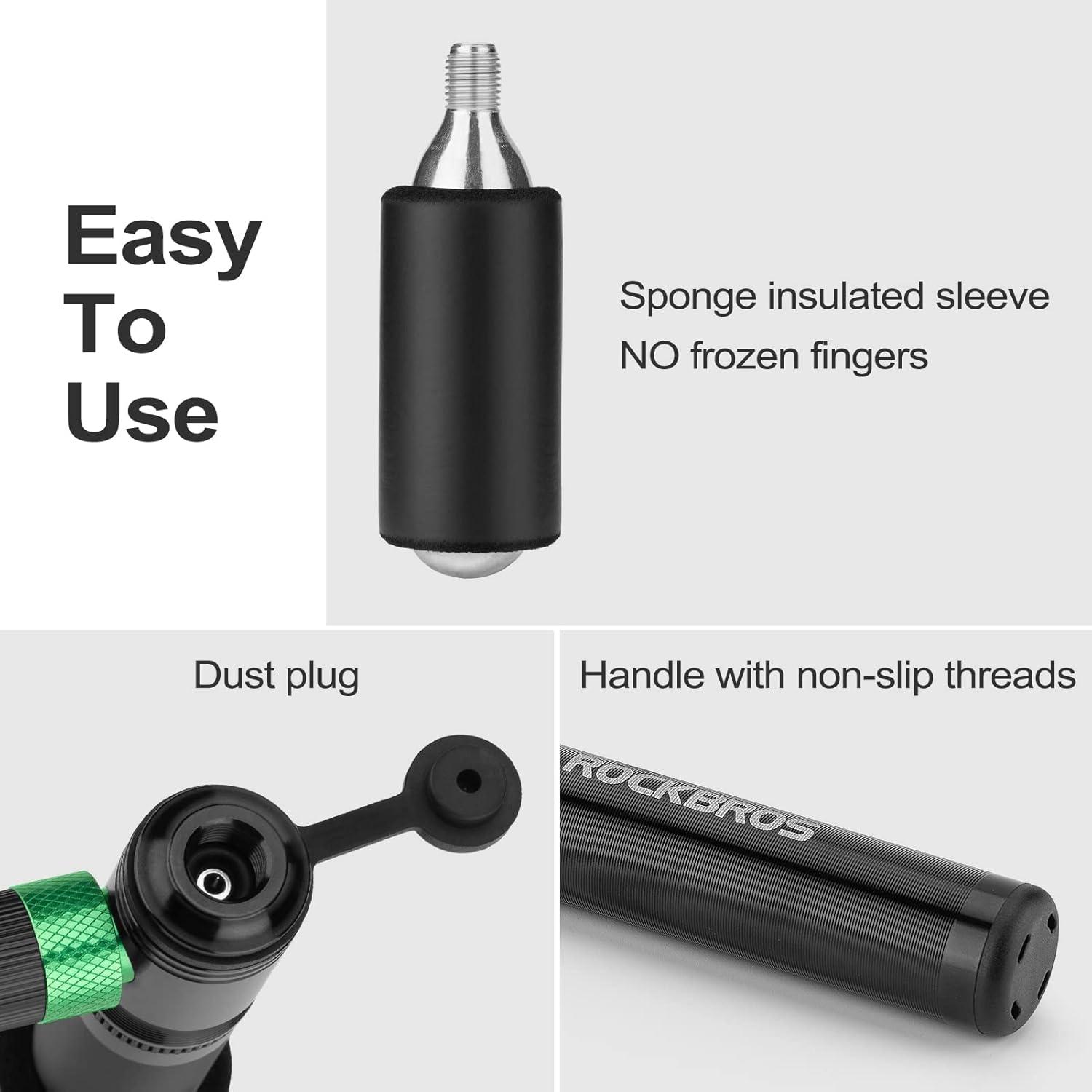 imageROCKBROS Mini Bike Pump 110PSI Hand Pump and CO2 Inflator Dual Purpose Presta and Schrader Valve Compatible Bicycle Tire Pump for Road and Mountain Bikes Insulated Sleeve No CO2 Cartridges Included
