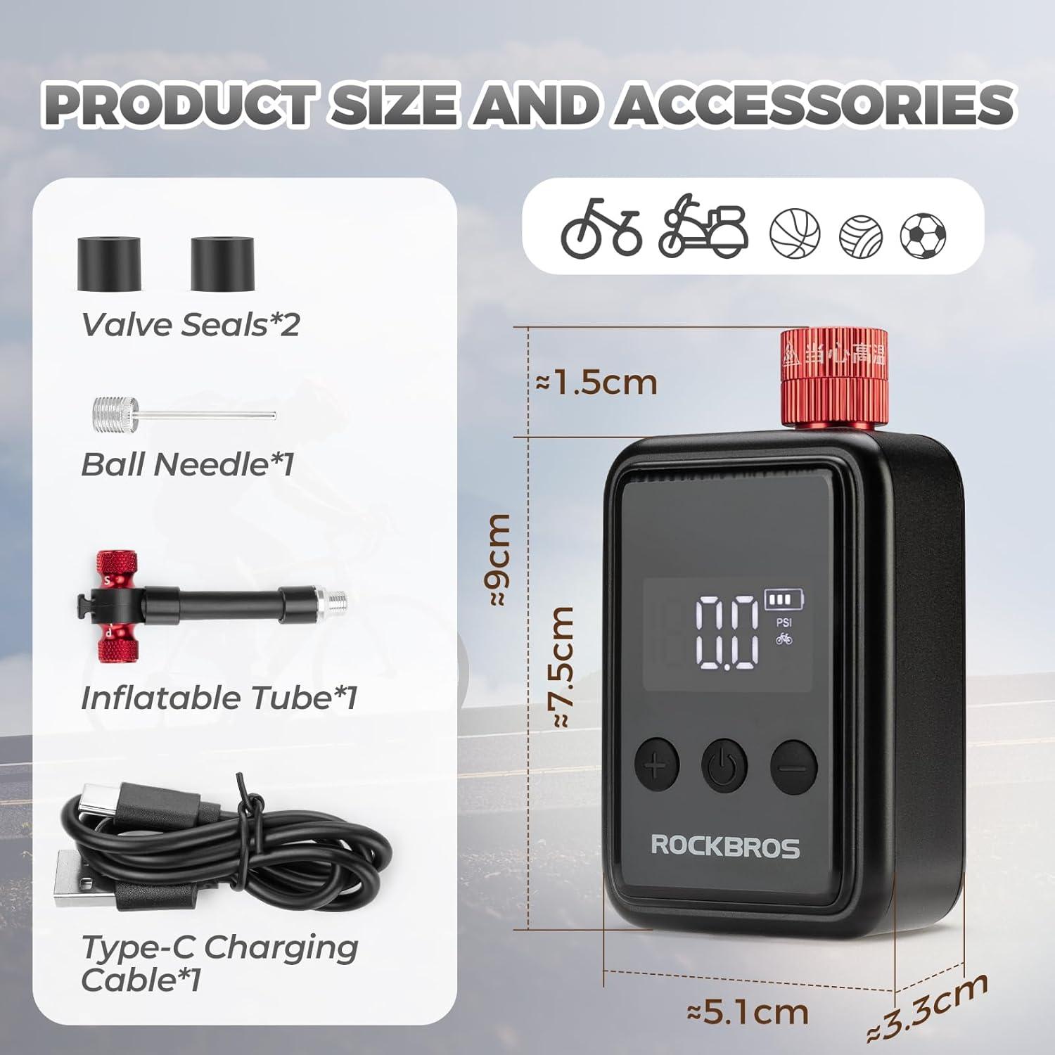 imageROCKBROS Tiny Emergency Bike Pump HW140 with Gauge Max 150 PSI Electric Mini Pump with Protective Silicone Cover Fully Charged Inflate 1x 700 25C Tire Hose for Bike MTB BallsHW140 Dual Pack