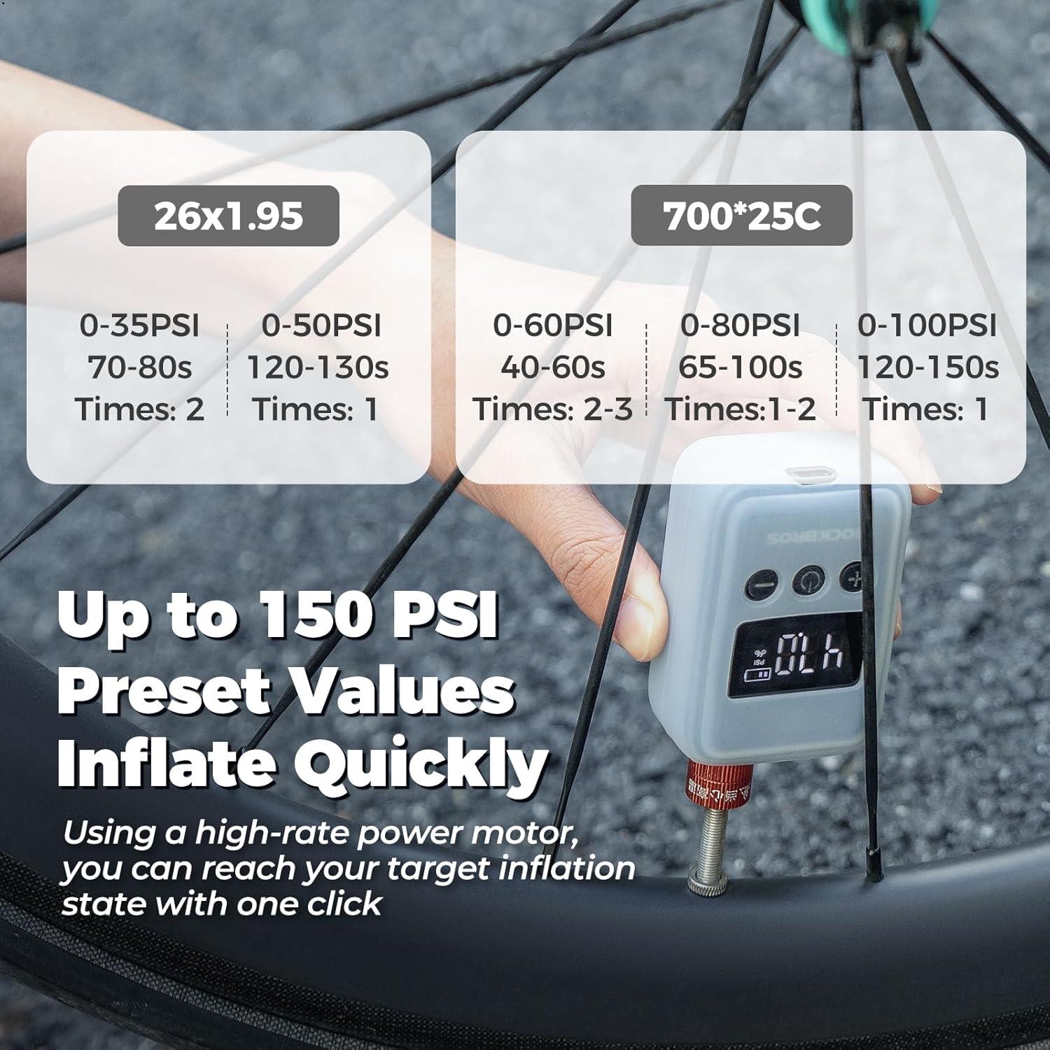 imageROCKBROS Tiny Emergency Bike Pump HW140 with Gauge Max 150 PSI Electric Mini Pump with Protective Silicone Cover Fully Charged Inflate 1x 700 25C Tire Hose for Bike MTB BallsHW140 Single Pack