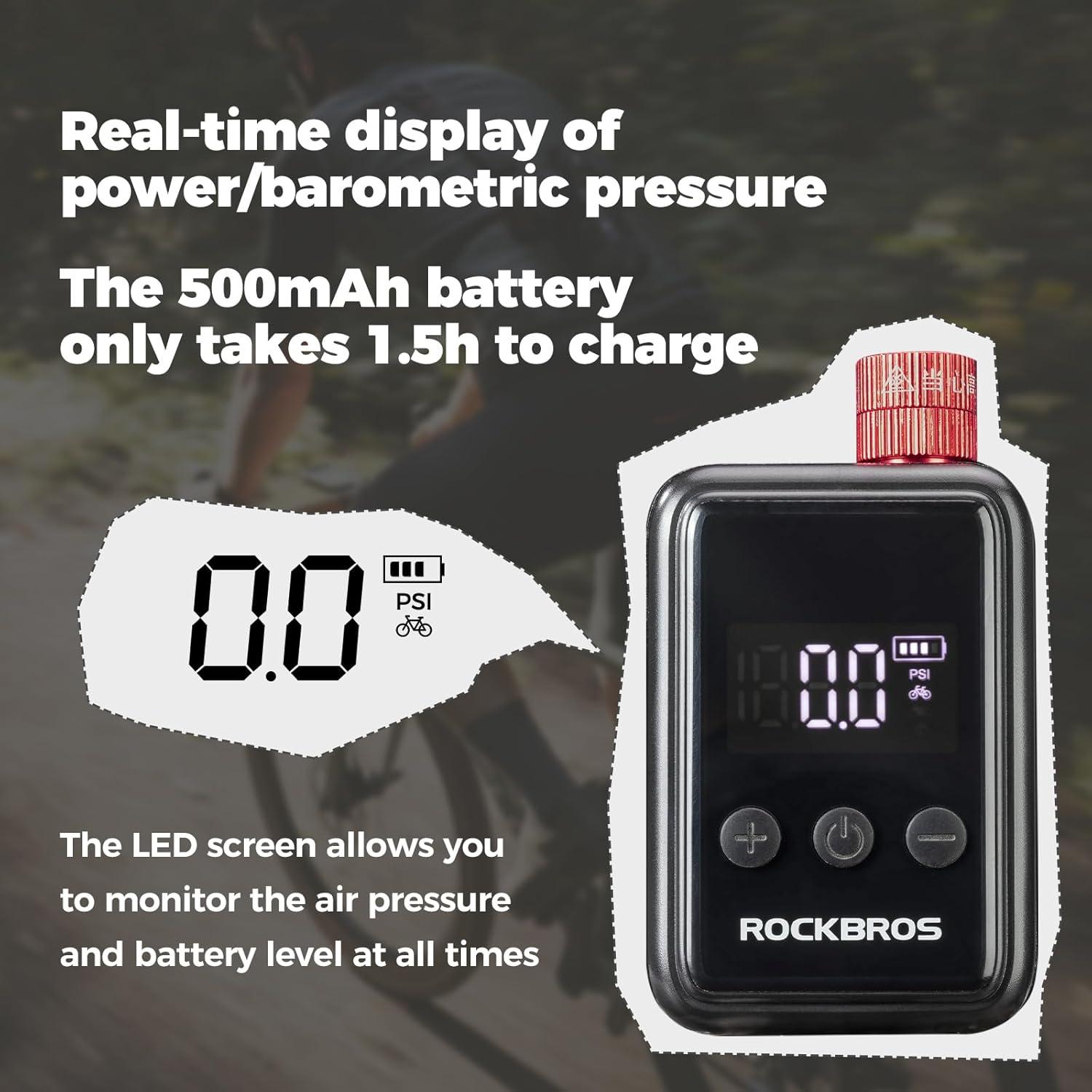 imageROCKBROS Tiny Emergency Bike Pump HW140 with Gauge Max 150 PSI Electric Mini Pump with Protective Silicone Cover Fully Charged Inflate 1x 700 25C Tire Hose for Bike MTB BallsHW140 Single Pack