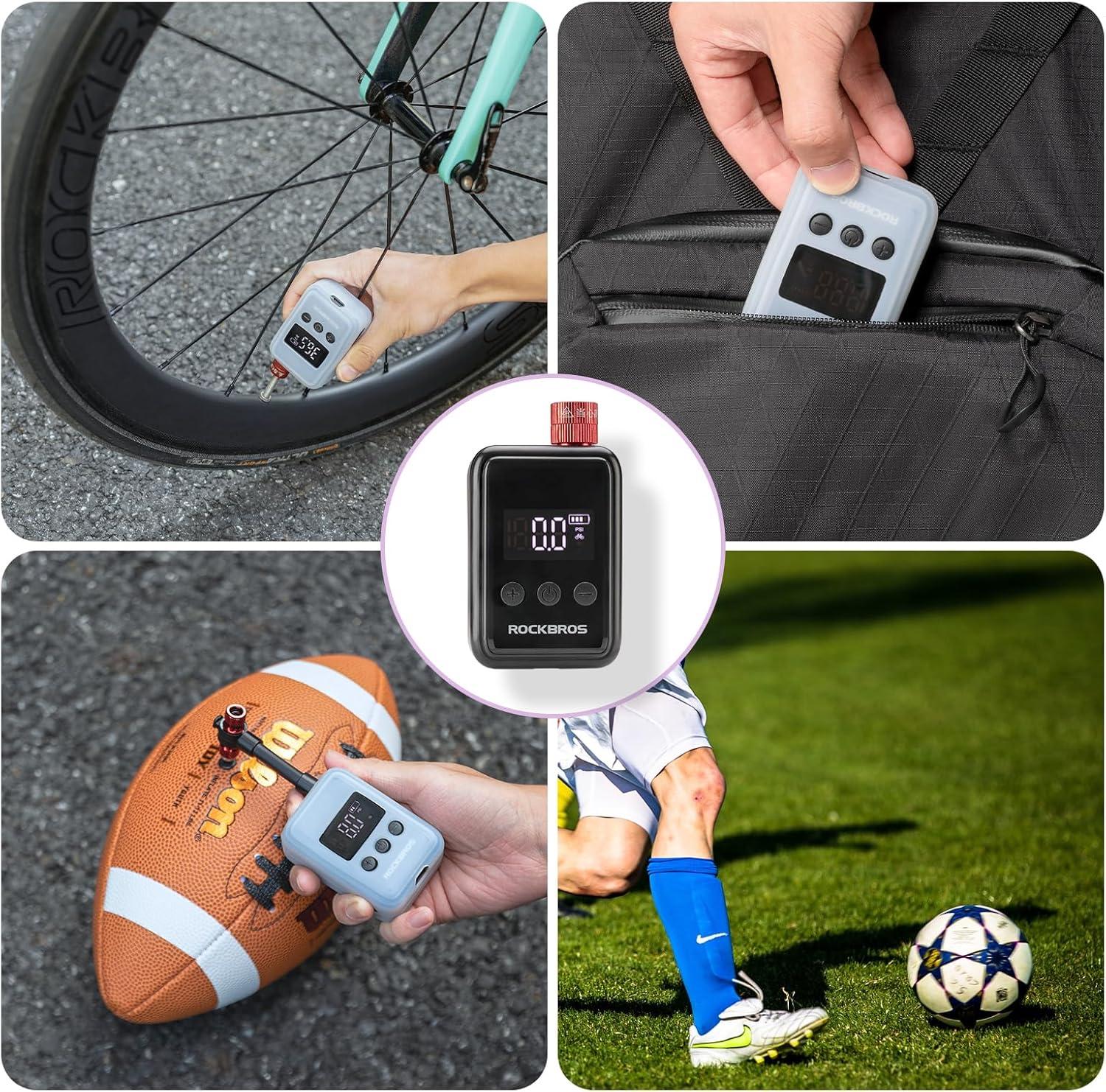 imageROCKBROS Tiny Emergency Bike Pump HW140 with Gauge Max 150 PSI Electric Mini Pump with Protective Silicone Cover Fully Charged Inflate 1x 700 25C Tire Hose for Bike MTB BallsHW140 Dual Pack