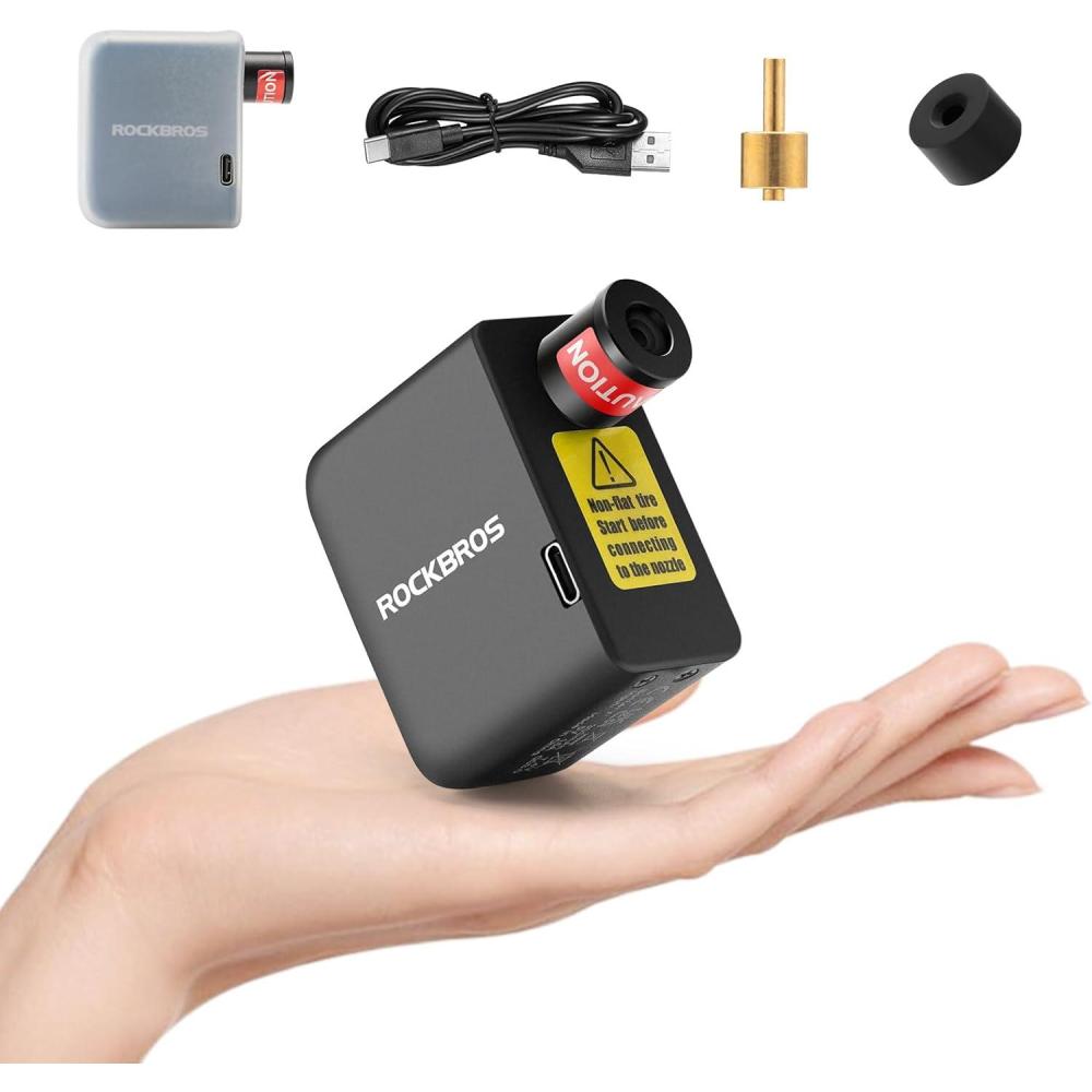 imageROCKBROS Electric Mini Bike Pump Max 100 PSI Bicycle PocketSize Air Pump with Presta Schrader Valve Durable Aluminum Cycling Gifts for EBike MTB and Road BikeAS1