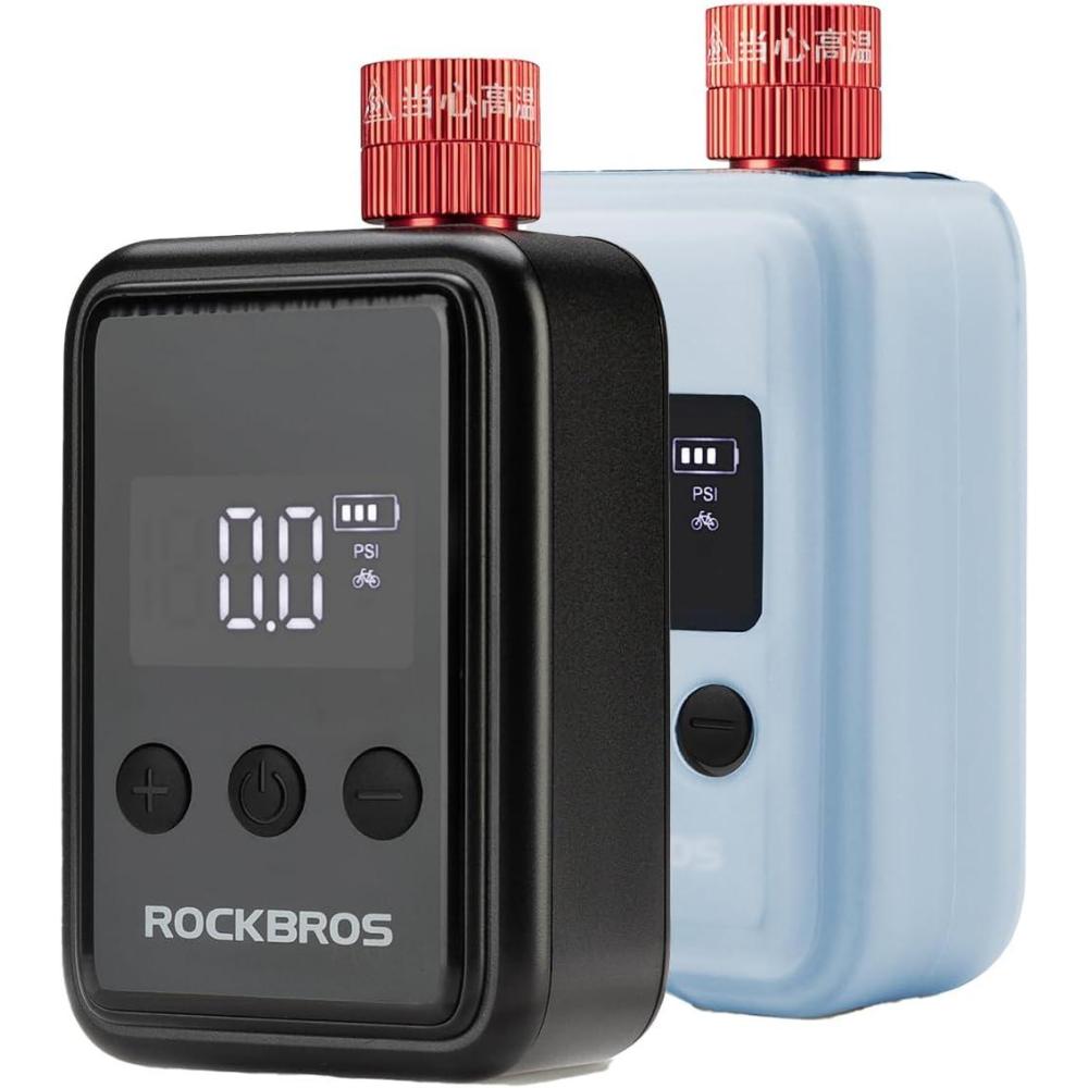 imageROCKBROS Tiny Emergency Bike Pump HW140 with Gauge Max 150 PSI Electric Mini Pump with Protective Silicone Cover Fully Charged Inflate 1x 700 25C Tire Hose for Bike MTB BallsHW140 Dual Pack
