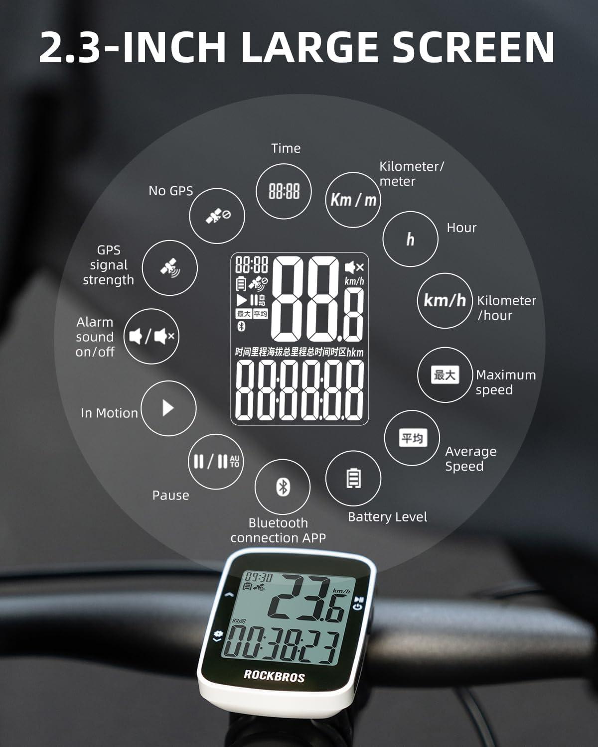 imageROCKBROS Bike Computer Bike Speedometer GPS Wireless Cycling Computer with Bluetooth IPX7 Waterproof600mAH Battery and 23 Large Display