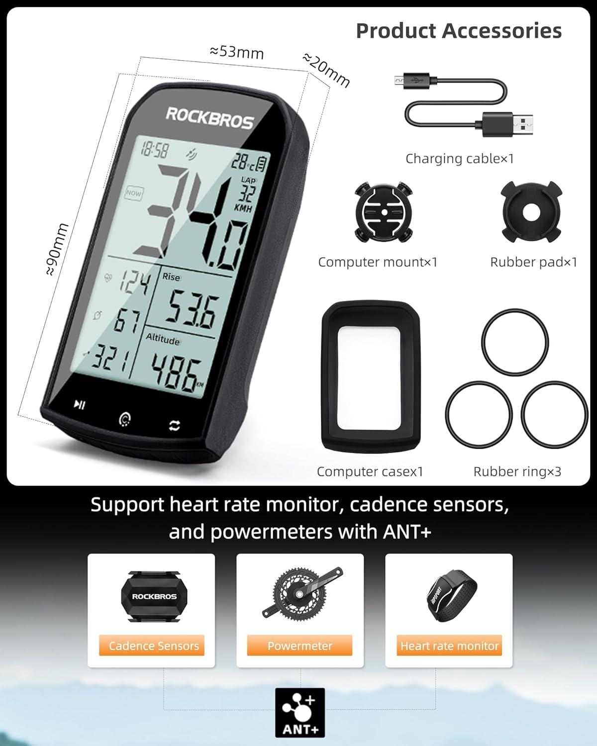 imageROCKBROS Bike Computer Wireless Cycling Computers ANT Bluetooth Bike Speedometer Odometer Bicycle Computer with Speed Cadence Sensor for Riding Cycling Waterproof 29inch LCD ScreenM1Mount