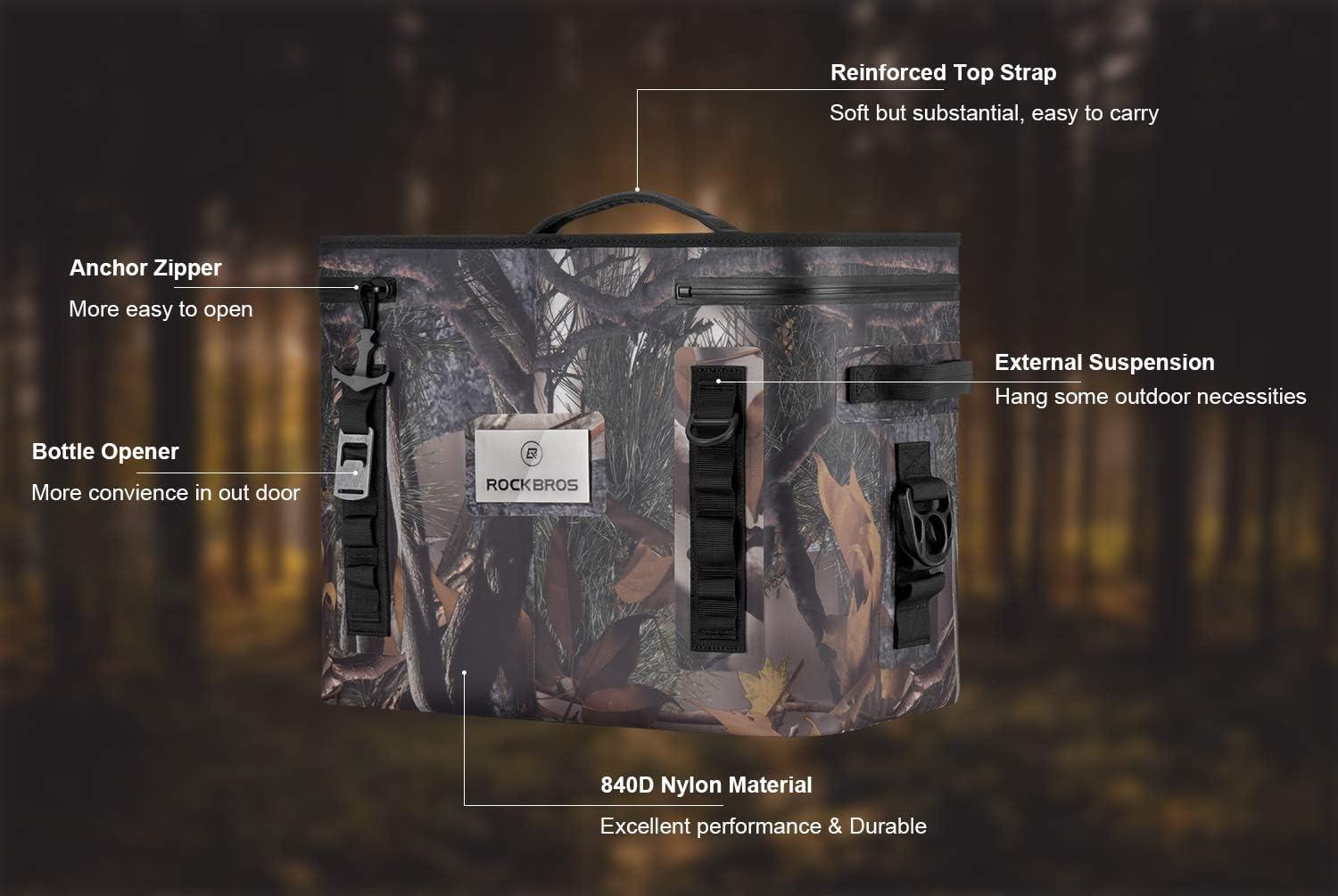 imageRock BROS Soft Cooler 30 Can Insulated Leak Proof Soft Pack Coolers Waterproof Soft Sided Cooler Bag for Camping Fishing Road Beach Trip Golf PicnicsCamo