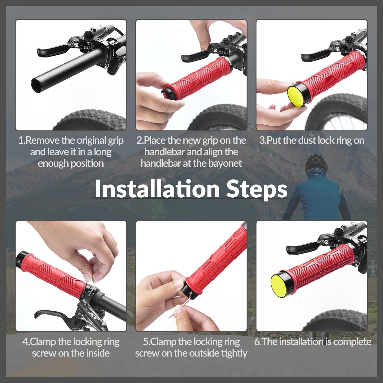 imageROCKBROS Bike Handlebar Grips 22mm Dual LockOn Rubber Grips with Reflective End Caps AntiSlip Design Inspired by Powersports Grips Fits MTB BMX Road amp Folding Bikes5 ColorsRed