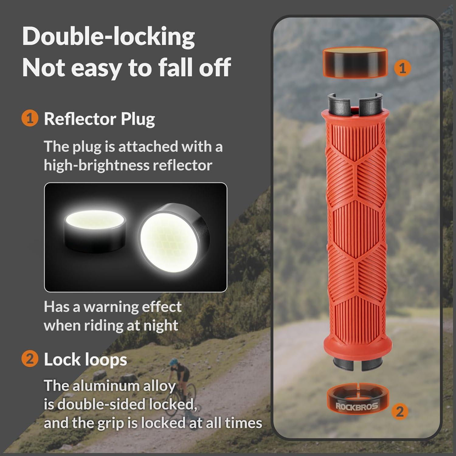 imageROCKBROS Bike Handlebar Grips 22mm Dual LockOn Rubber Grips with Reflective End Caps AntiSlip Design Inspired by Powersports Grips Fits MTB BMX Road amp Folding Bikes5 ColorsOrange