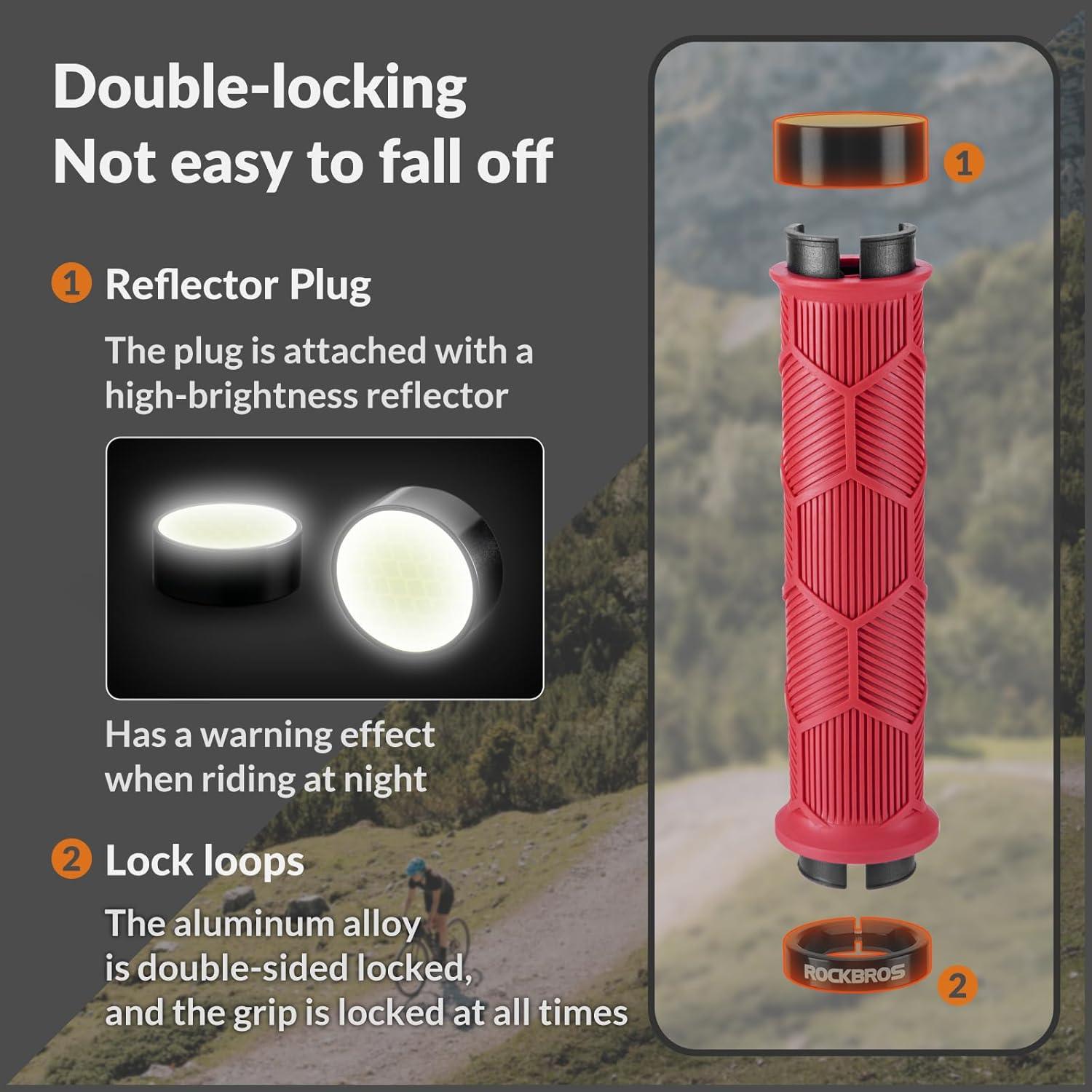 imageROCKBROS Bike Handlebar Grips 22mm Dual LockOn Rubber Grips with Reflective End Caps AntiSlip Design Inspired by Powersports Grips Fits MTB BMX Road amp Folding Bikes5 ColorsRed