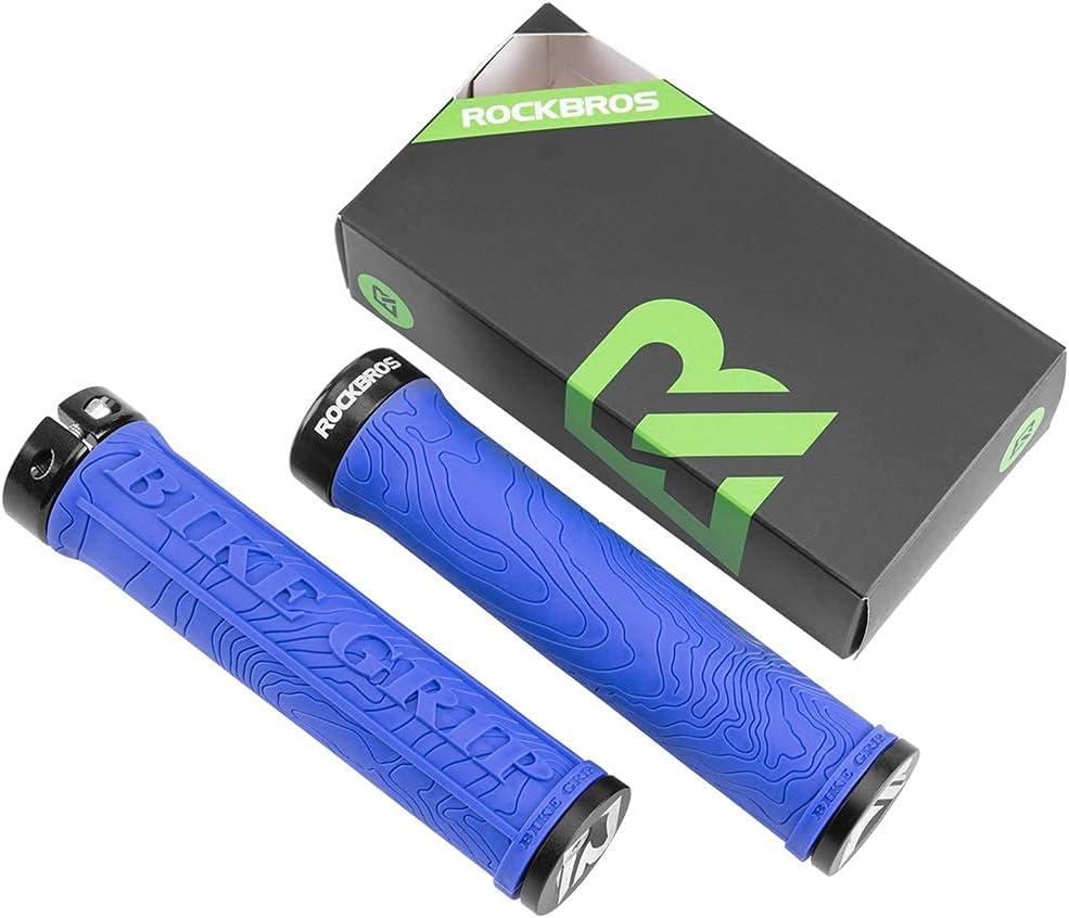 imageROCKBROS Bike Handlebar Grips Double Lockon MTB Bicycle Handle Bar Grips Ergonomic NonSlip Rubber Hand Grip for Scooter Mountain BMX Beach Cruiser Folding BikeBlue