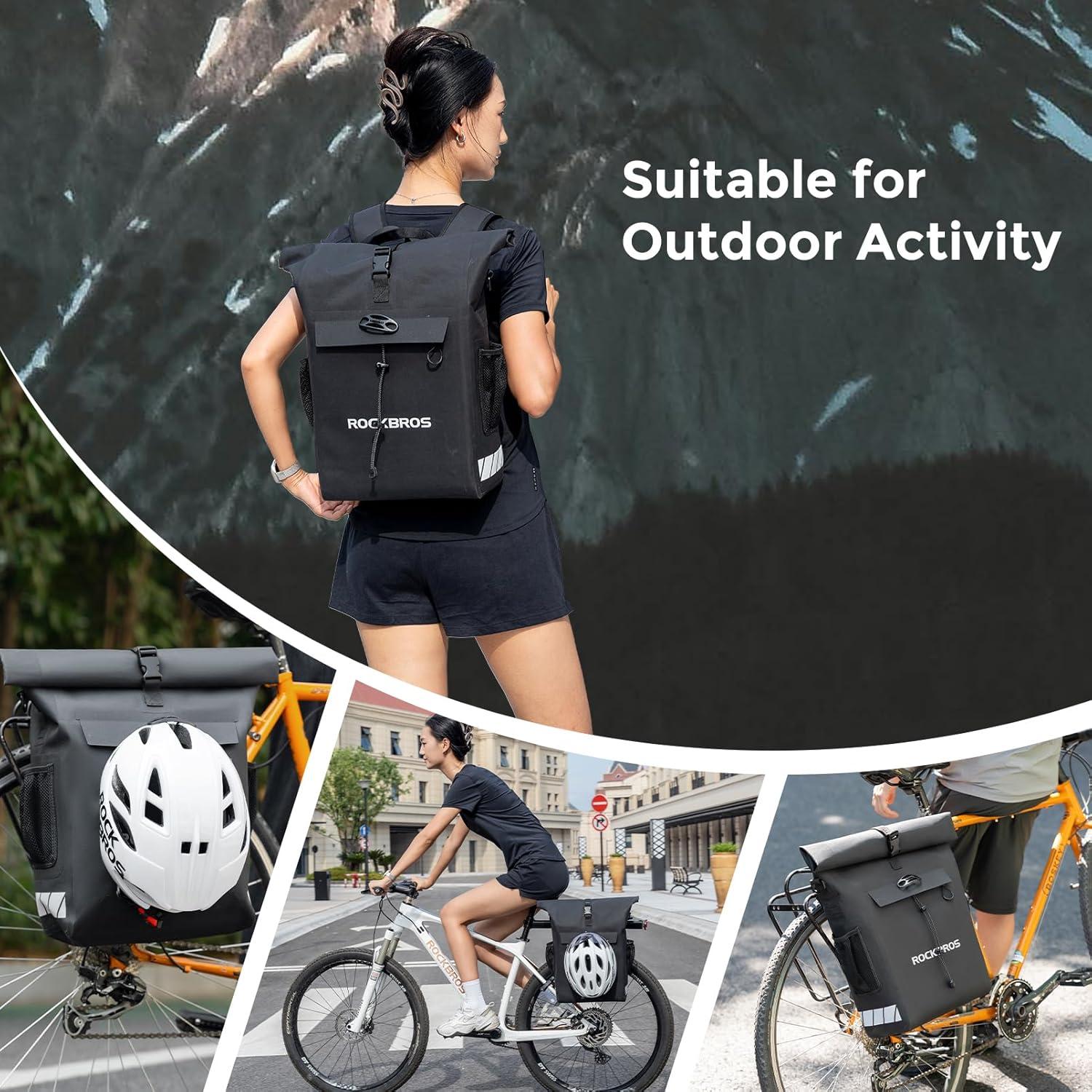 imageROCKBROS Bike Panniers 18L Capacity Waterproof Bike Rack Bag Detachable Shoulder Straps with Helmet Fixing Buckle Rear Bike Rack Bag for Cycling Traveling Backpacking