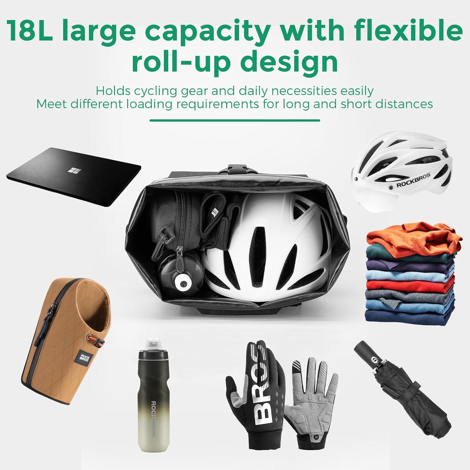 imageROCKBROS Bike Panniers 18L Capacity Waterproof Bike Rack Bag Detachable Shoulder Straps with Helmet Fixing Buckle Rear Bike Rack Bag for Cycling Traveling Backpacking