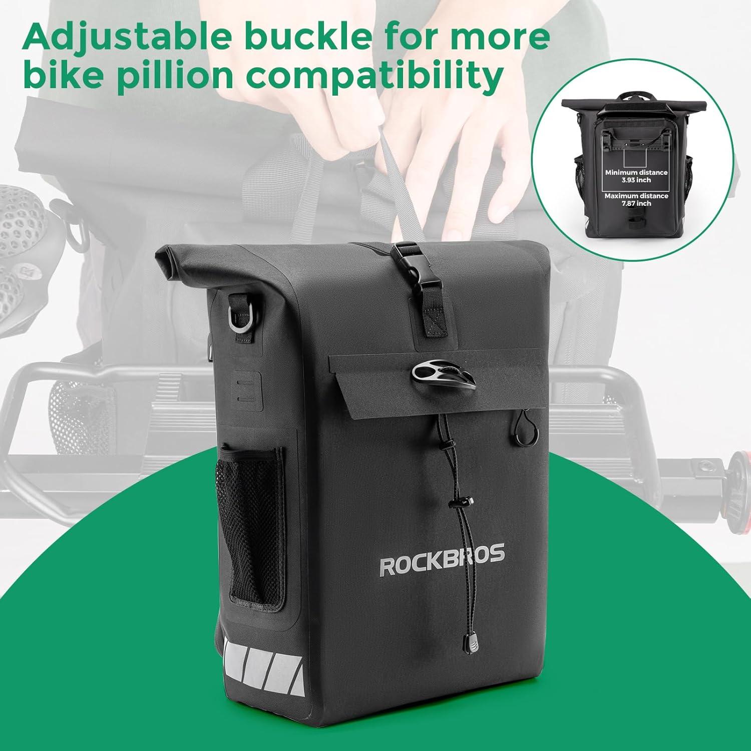 imageROCKBROS Bike Panniers 18L Capacity Waterproof Bike Rack Bag Detachable Shoulder Straps with Helmet Fixing Buckle Rear Bike Rack Bag for Cycling Traveling Backpacking
