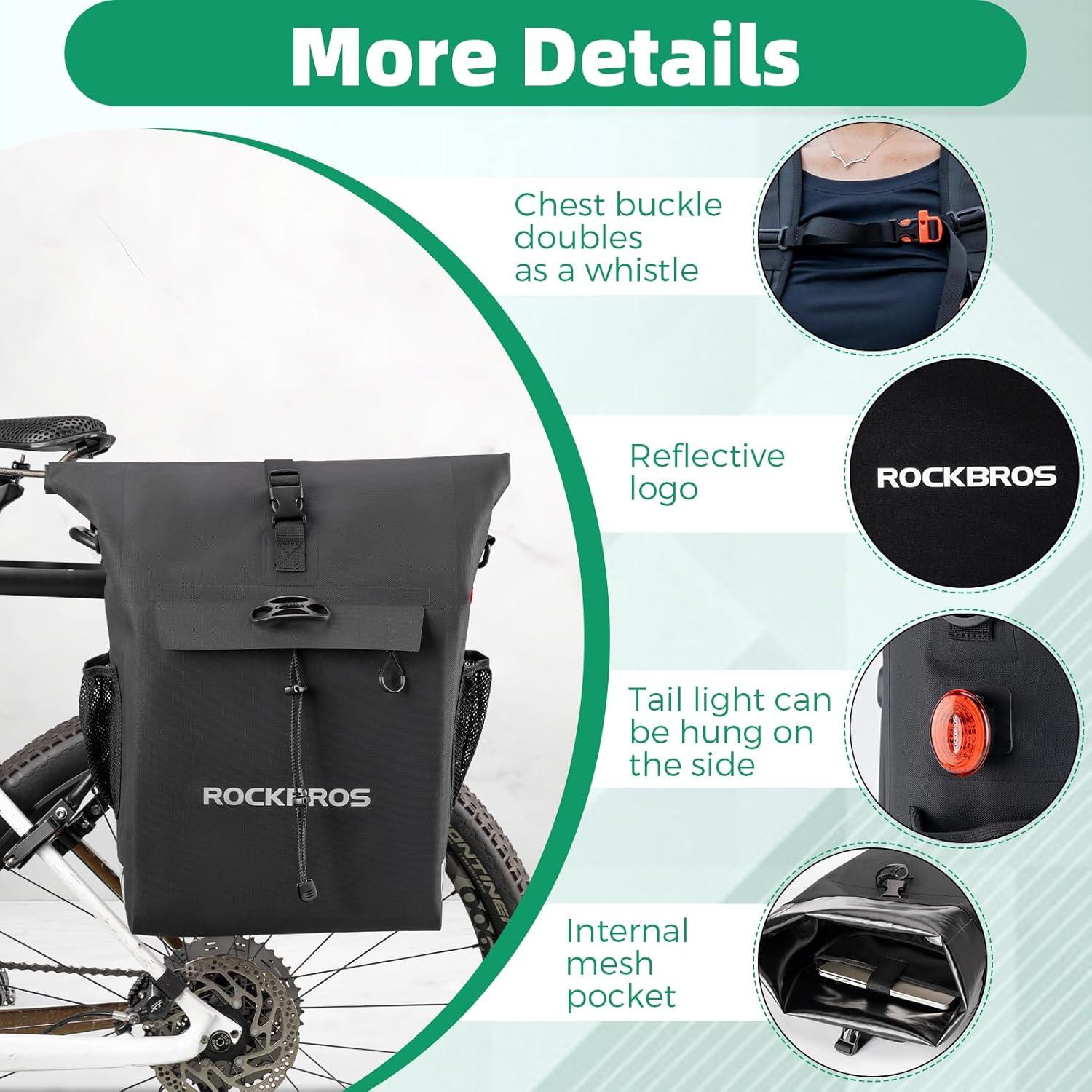 imageROCKBROS Bike Panniers 18L Capacity Waterproof Bike Rack Bag Detachable Shoulder Straps with Helmet Fixing Buckle Rear Bike Rack Bag for Cycling Traveling Backpacking