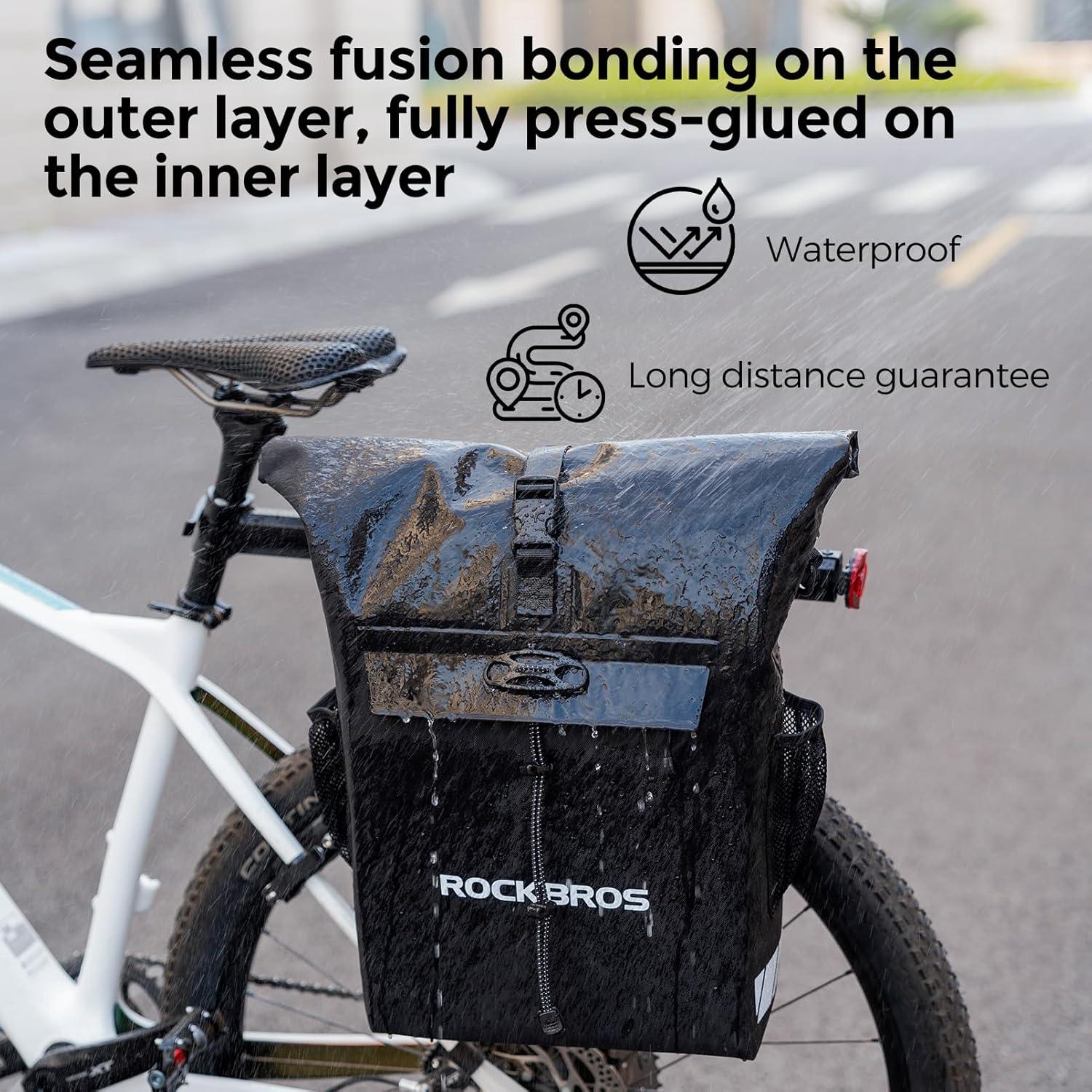 imageROCKBROS Bike Panniers 18L Capacity Waterproof Bike Rack Bag Detachable Shoulder Straps with Helmet Fixing Buckle Rear Bike Rack Bag for Cycling Traveling Backpacking