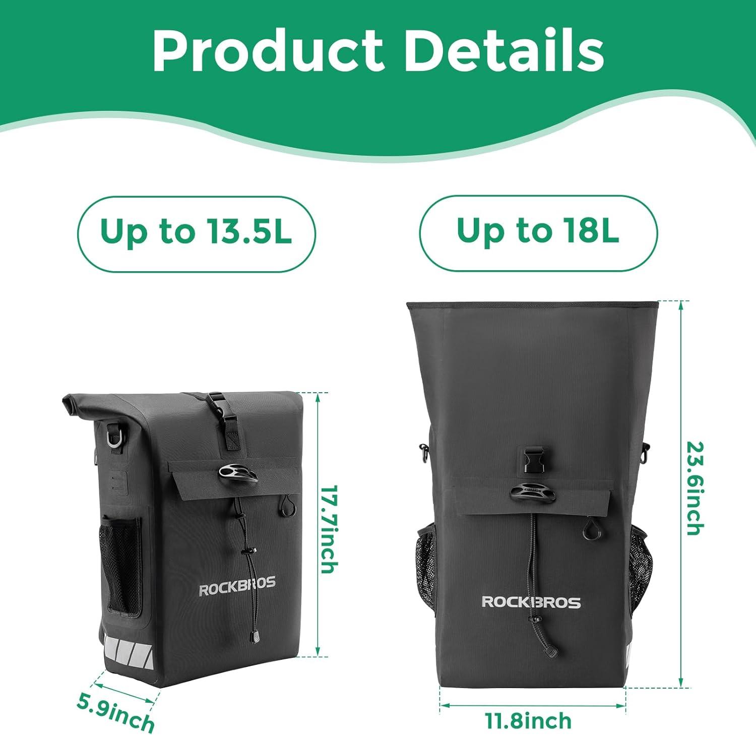 imageROCKBROS Bike Panniers 18L Capacity Waterproof Bike Rack Bag Detachable Shoulder Straps with Helmet Fixing Buckle Rear Bike Rack Bag for Cycling Traveling Backpacking