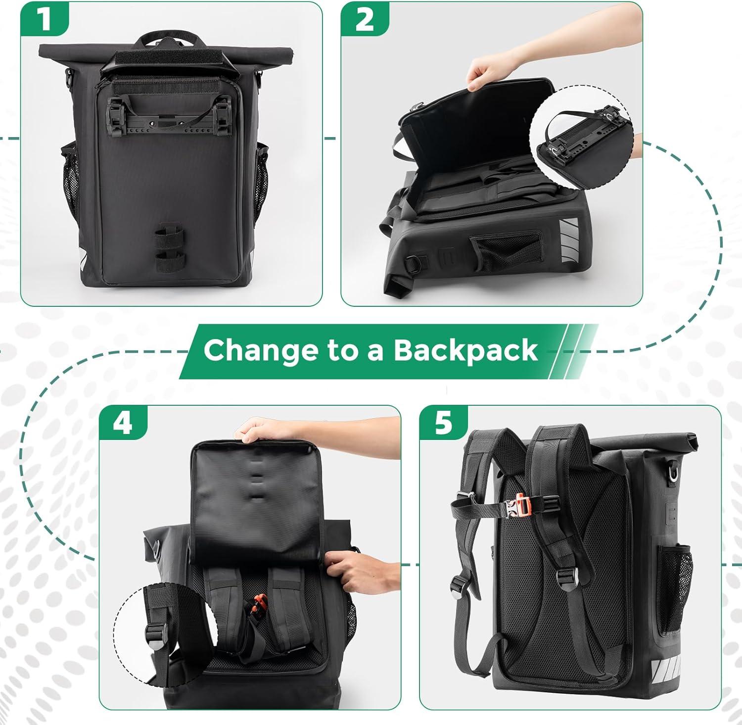 imageROCKBROS Bike Panniers 18L Capacity Waterproof Bike Rack Bag Detachable Shoulder Straps with Helmet Fixing Buckle Rear Bike Rack Bag for Cycling Traveling Backpacking