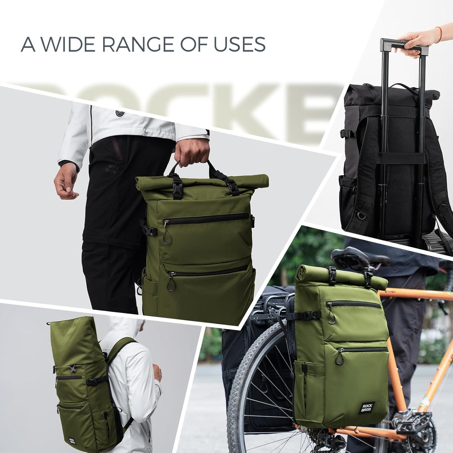 imageROCKBROS Bike Panniers Bike Bags for Bicycles Rear Rack 16L Expandable Backpack Shoulder Bag for Cycling TravelingGreen