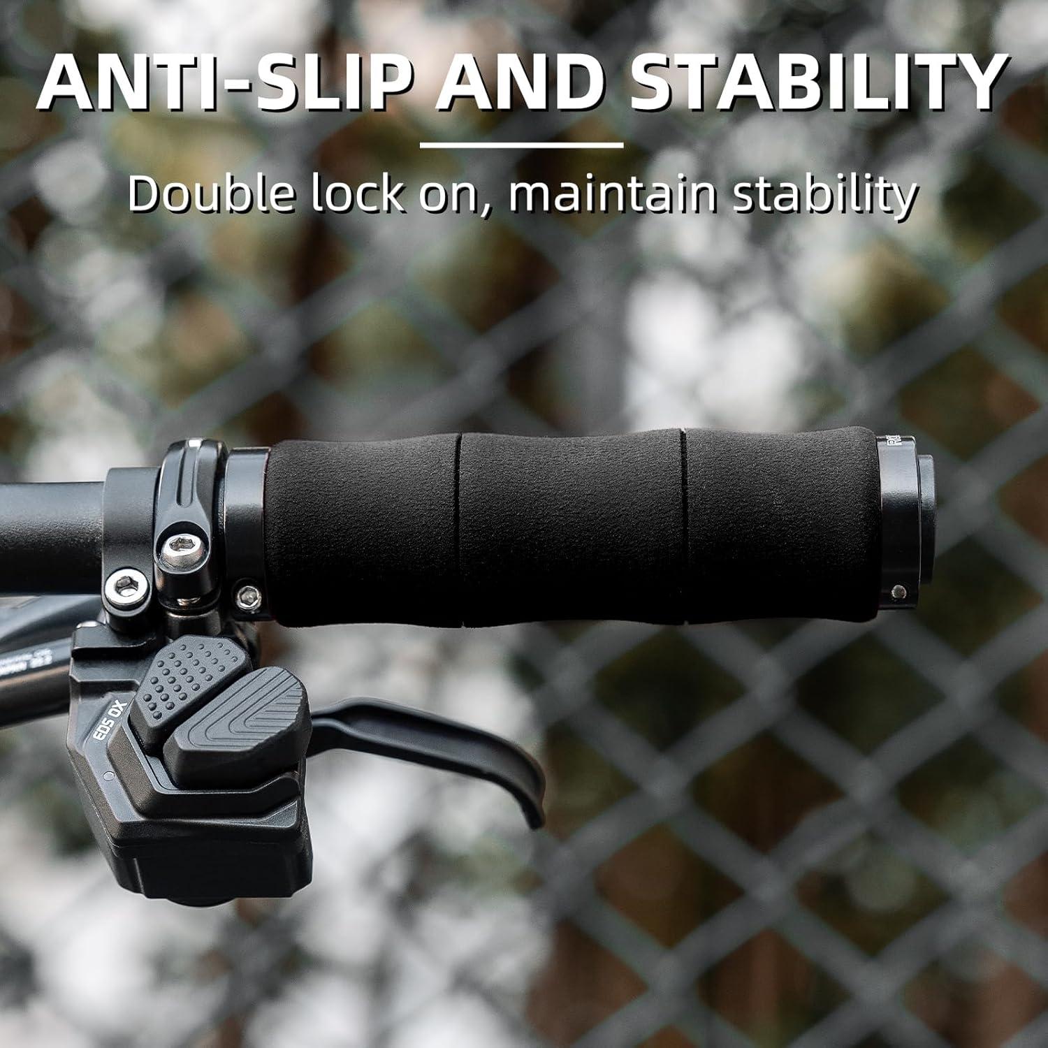 imageROCKBROS Mountain Bike Handlebar Grips Shock Absorption Comfortable Foam Soft NonSlip Double Locked on Bicycle Grips for BMX MTB Scooter EBikeblack