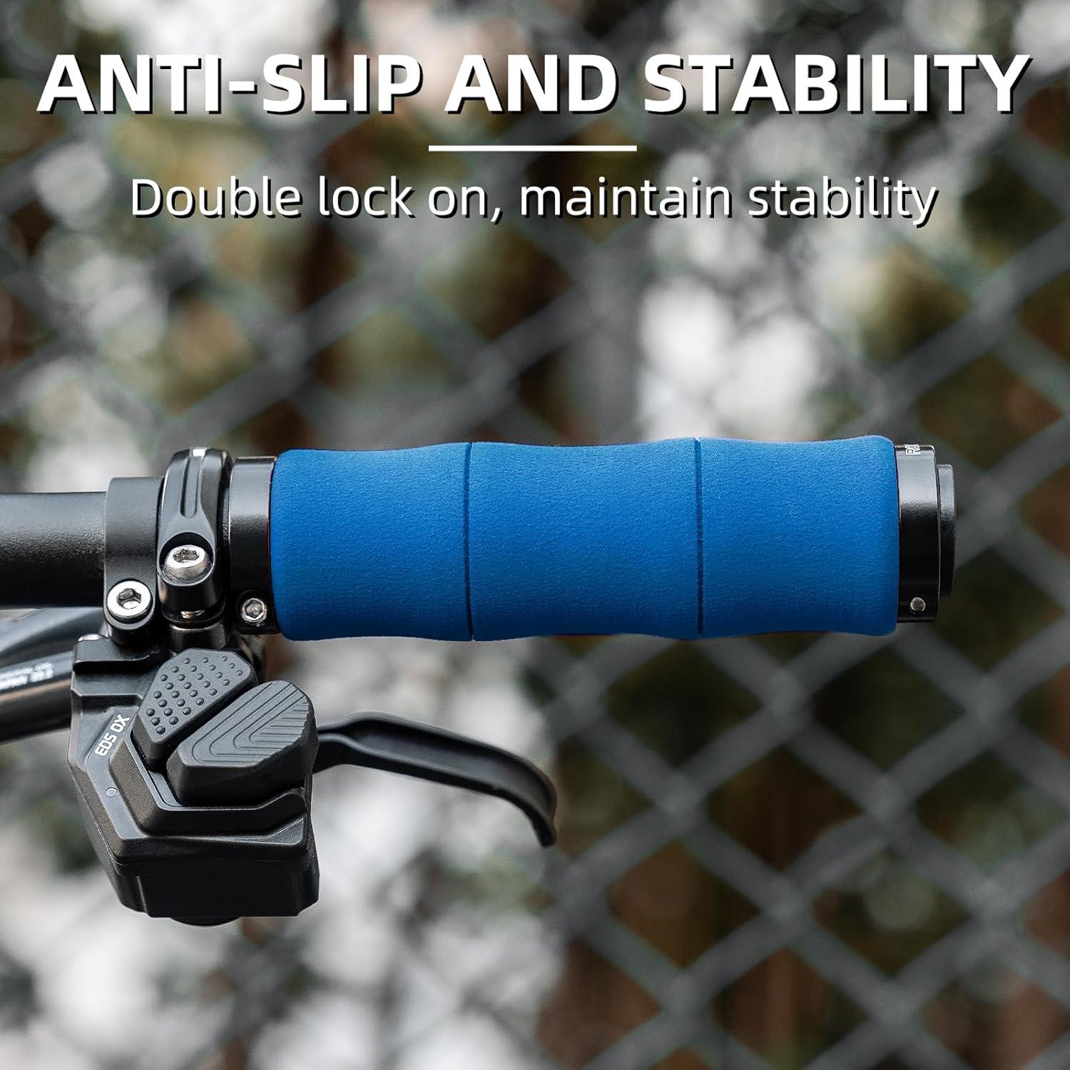 imageROCKBROS Mountain Bike Handlebar Grips Shock Absorption Comfortable Foam Soft NonSlip Double Locked on Bicycle Grips for BMX MTB Scooter EBikeblue