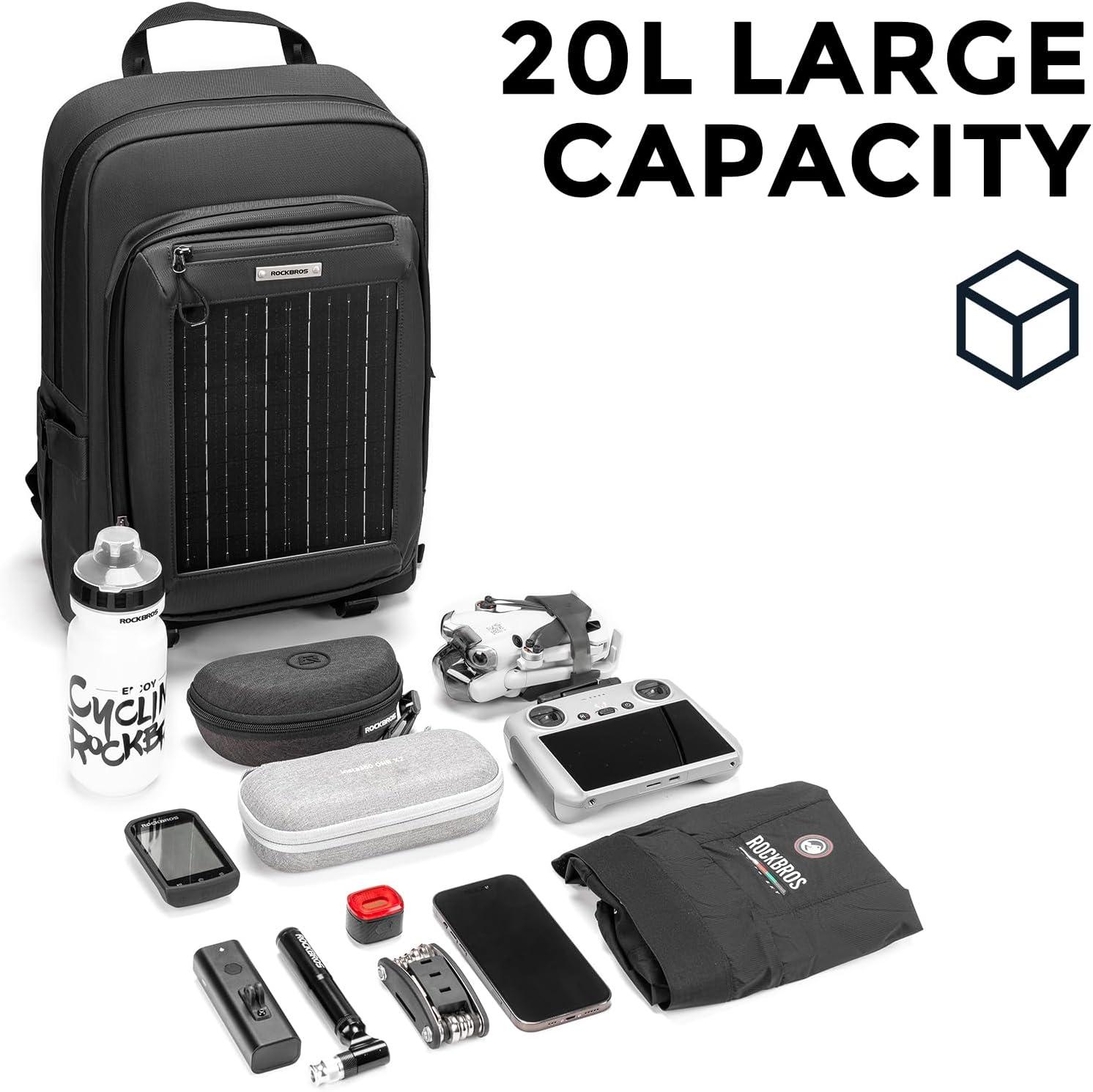 imageROCKBROS Solar Backpack for Outdoor Emergency Charging Multicompartment Large Capacity for Hiking Camping Traveling Cycling Duffel BagBlack