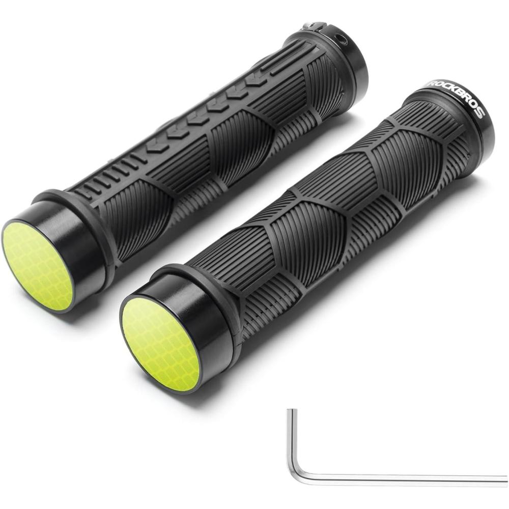 imageROCKBROS Bike Handlebar Grips 22mm Dual LockOn Rubber Grips with Reflective End Caps AntiSlip Design Inspired by Powersports Grips Fits MTB BMX Road amp Folding Bikes5 ColorsBlack