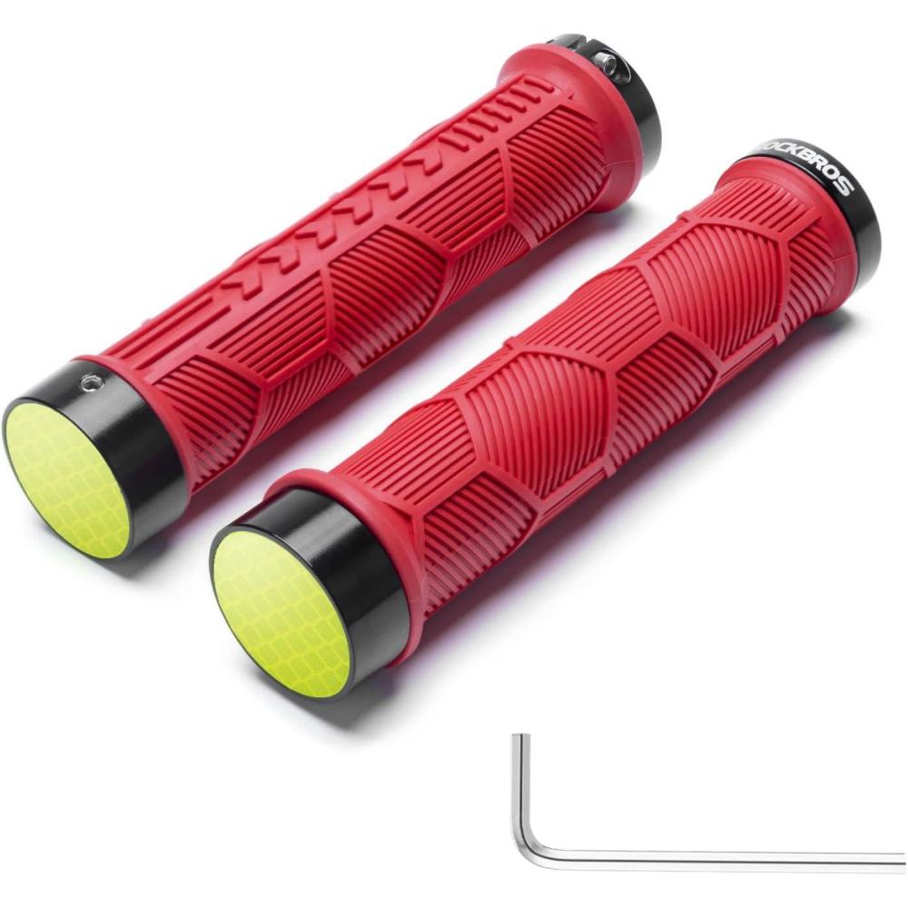 imageROCKBROS Bike Handlebar Grips 22mm Dual LockOn Rubber Grips with Reflective End Caps AntiSlip Design Inspired by Powersports Grips Fits MTB BMX Road amp Folding Bikes5 ColorsRed