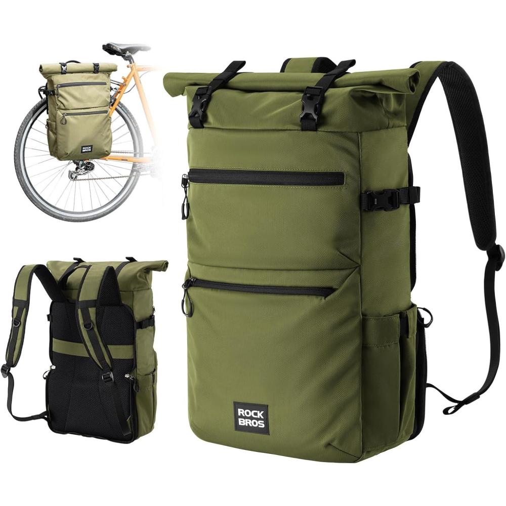 imageROCKBROS Bike Panniers Bike Bags for Bicycles Rear Rack 16L Expandable Backpack Shoulder Bag for Cycling TravelingGreen