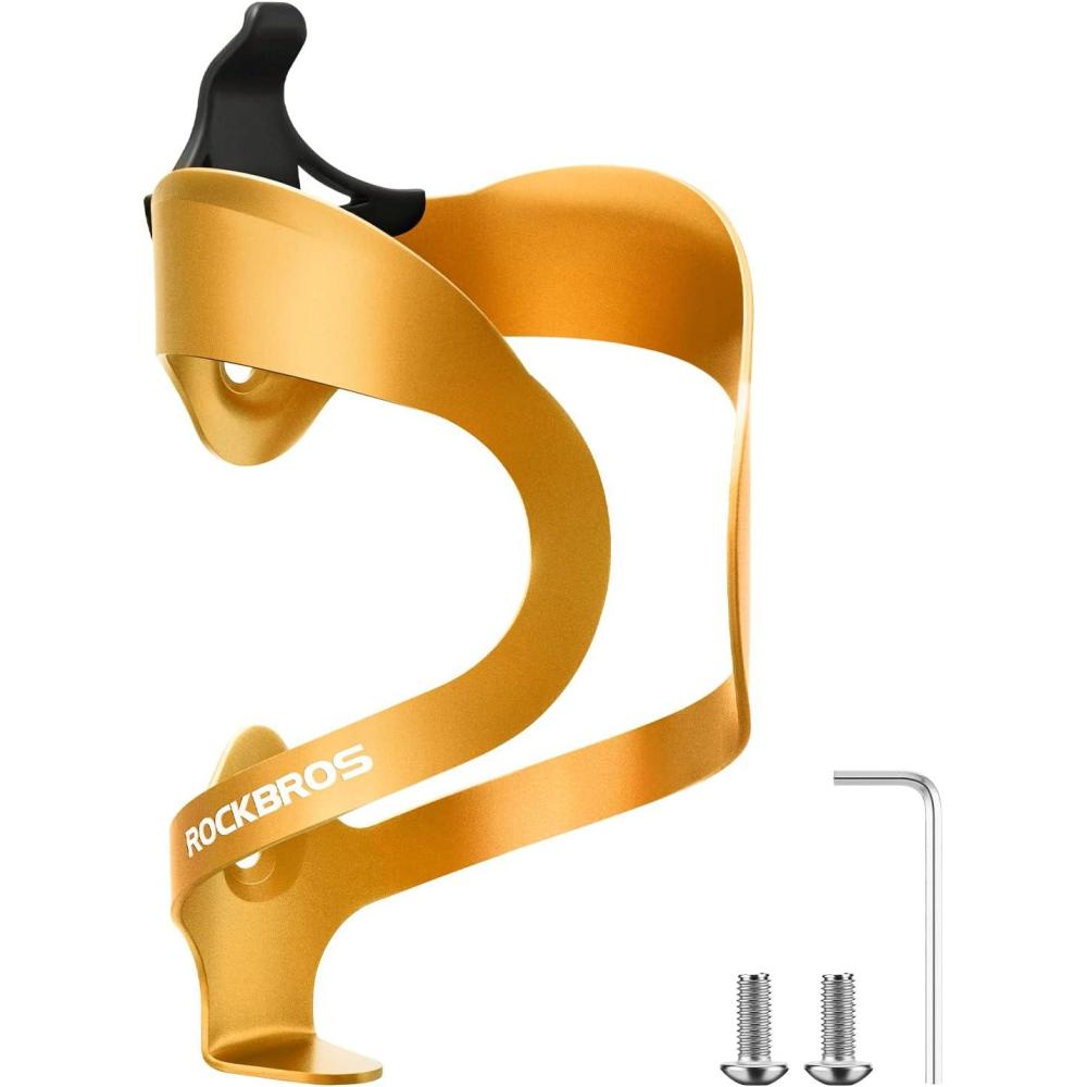 imageROCKBROS Bike Water Bottle Holder Lightweight Sturdy Alloy Aluminum Bicycle Drink Cup Cage with Screws Tool Brackets Water Bottle Holder for Bike Ebike MTB Road Mountain BikesGoldenA1 Gold