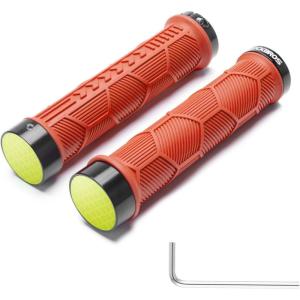 ROCKBROS Bike Handlebar Grips – 22mm Dual Lock-On Rubber Grips with Reflective End Caps, Anti-Slip Design Inspired by Powersports Grips – Fits MTB, BMX, Road & Folding Bikes–5 Colors(Orange)