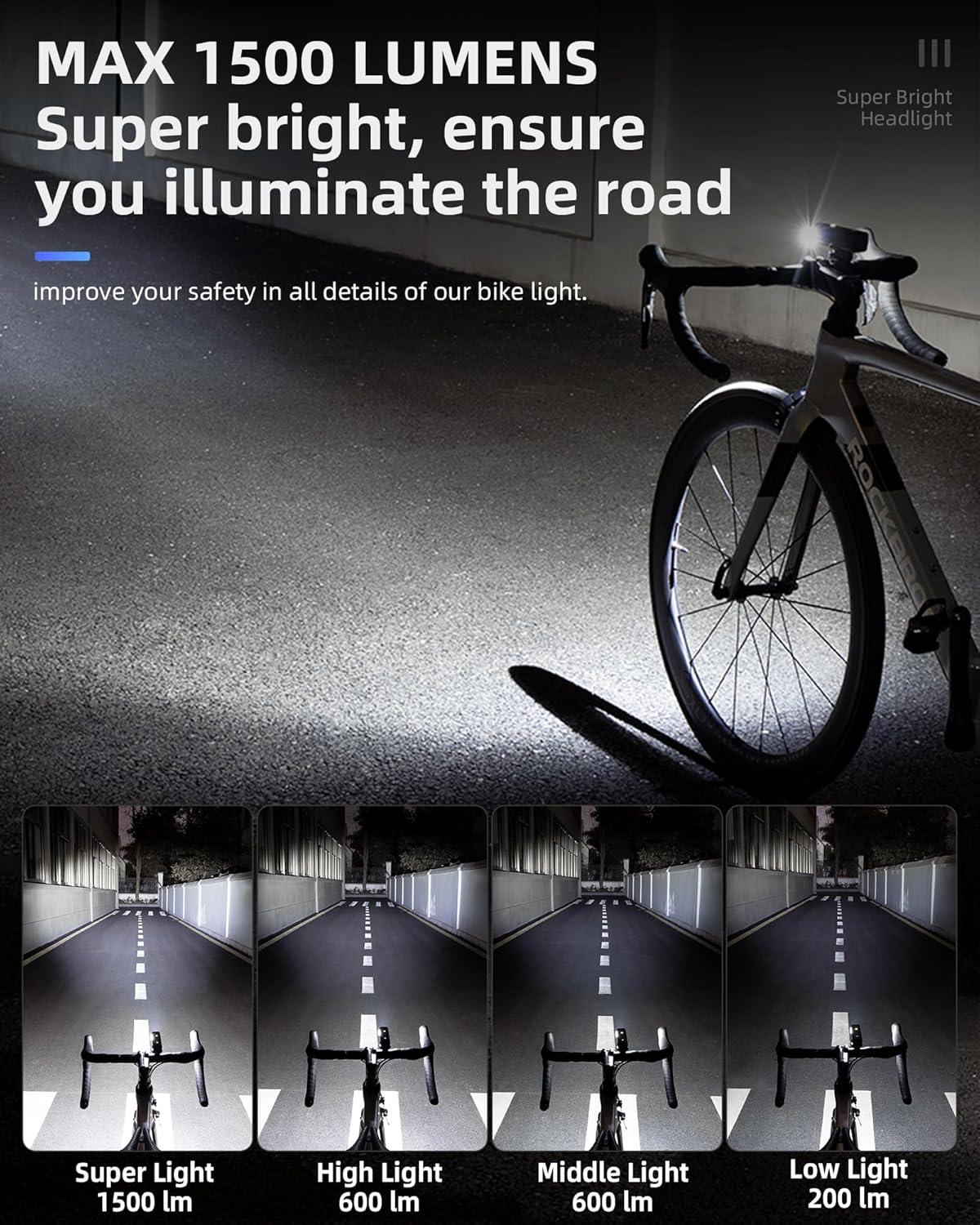 imageROCKBROS 1500 Lumens Bike Light for Night Riding 5000mAh USBC Rechargeable Bike Headlight Aluminium Alloy IPX6 Waterproof Bike Front Light 5 Modes amp Auto Mode AntiDazzling LED Bike Light1500LM