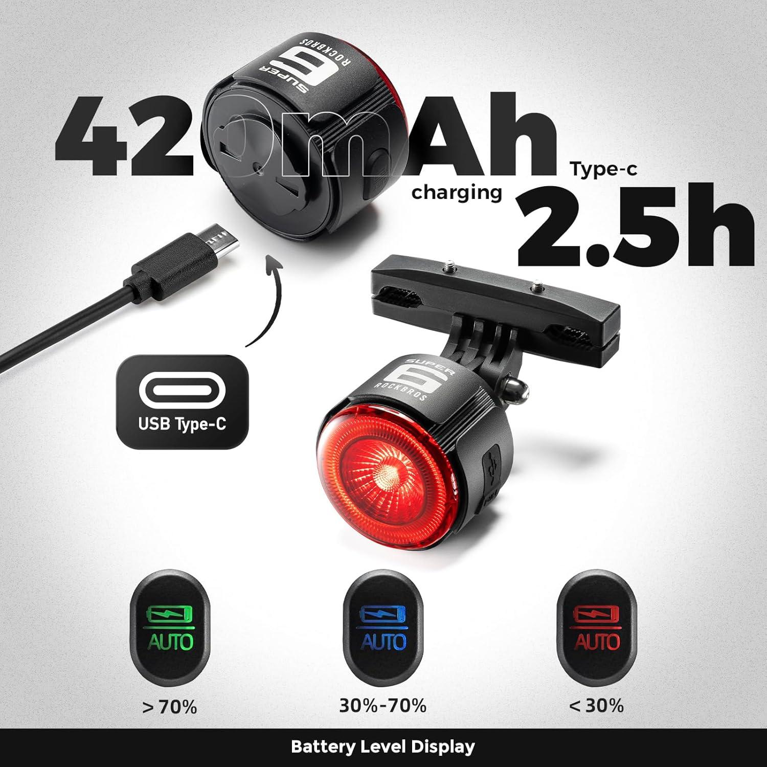 imageROCKBROS Bike Tail Light AntiLost Bicycle Rear Light Brake Sensing Smart Cycling Taillight for Night Riding USB Rechargeable Bicycle Tail Light LED Safety Bike Light