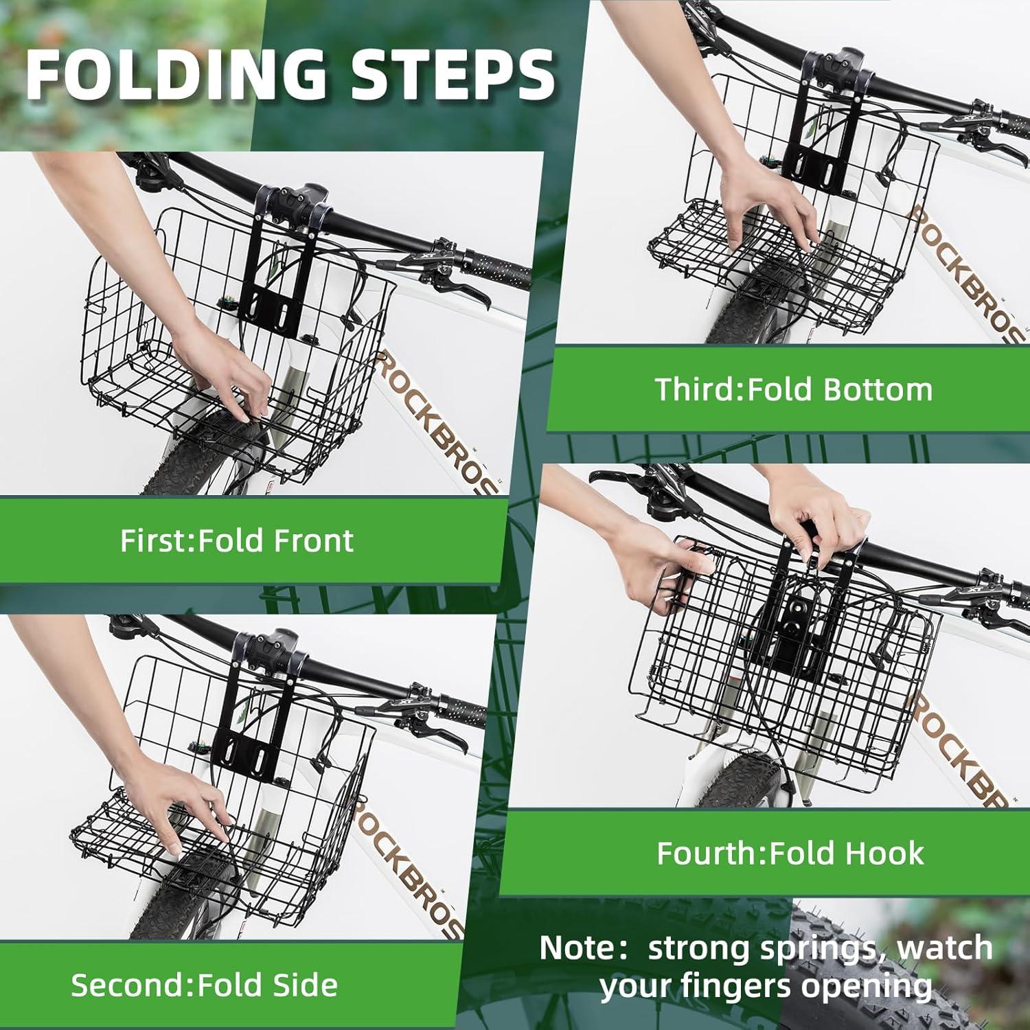 imageROCKBROS Folding Bike Basket Sturdy Front Bicycle Basket Easy to Install for Scooter Mountain Bike and Beach Cruiser