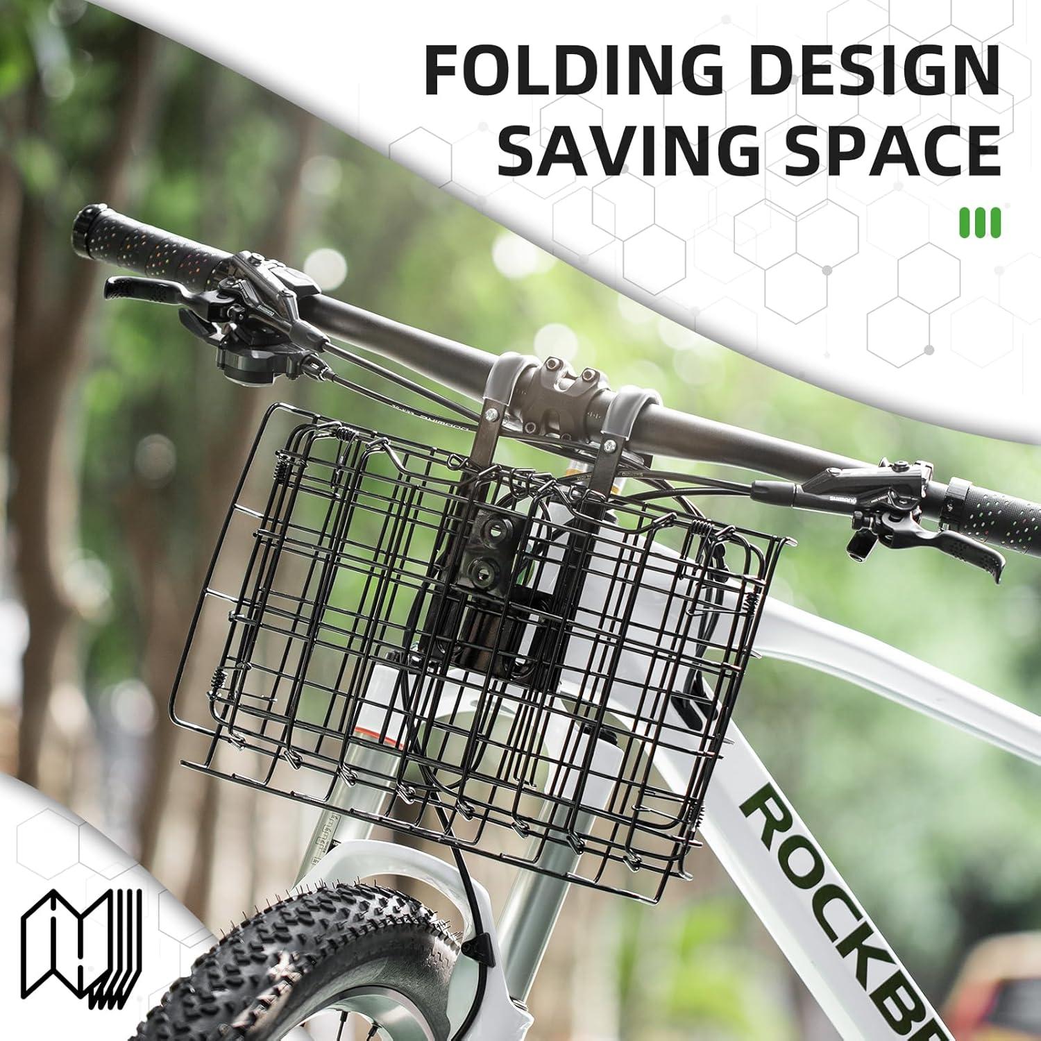 imageROCKBROS Folding Bike Basket Sturdy Front Bicycle Basket Easy to Install for Scooter Mountain Bike and Beach Cruiser