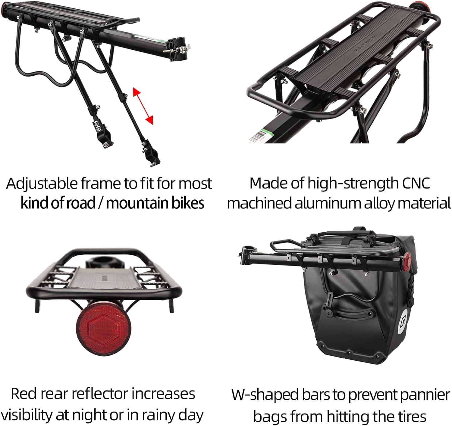 imageROCKBROS Rear Bike Rack Bike Cargo Rack Adjustable Bicycle Luggage Carrier Rack Rear Quick Release Mountain Bike Pannier Rack with Elastic Band and Reflector Most 165 lbs Capacity