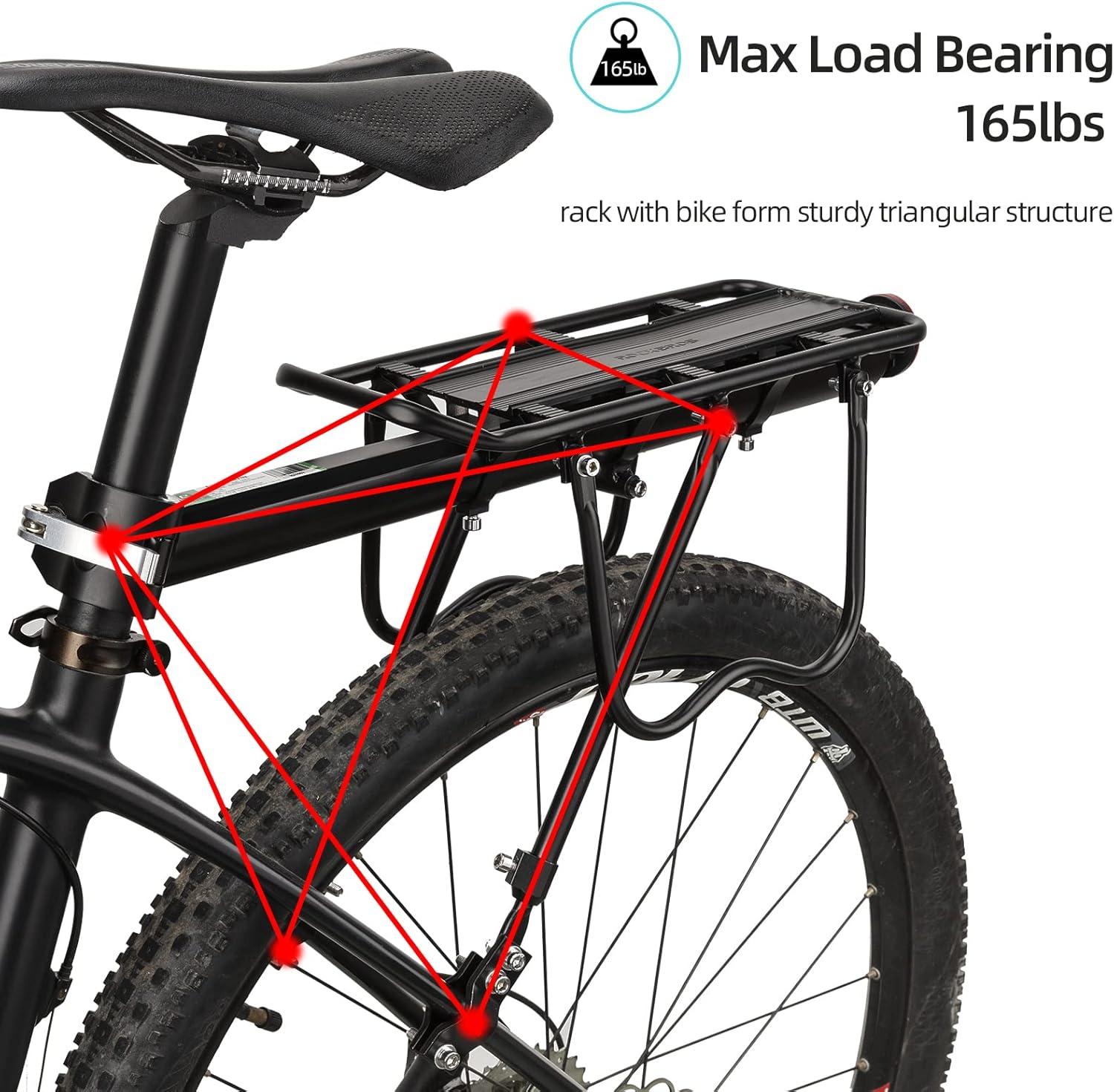 imageROCKBROS Rear Bike Rack Bike Cargo Rack Adjustable Bicycle Luggage Carrier Rack Rear Quick Release Mountain Bike Pannier Rack with Elastic Band and Reflector Most 165 lbs Capacity