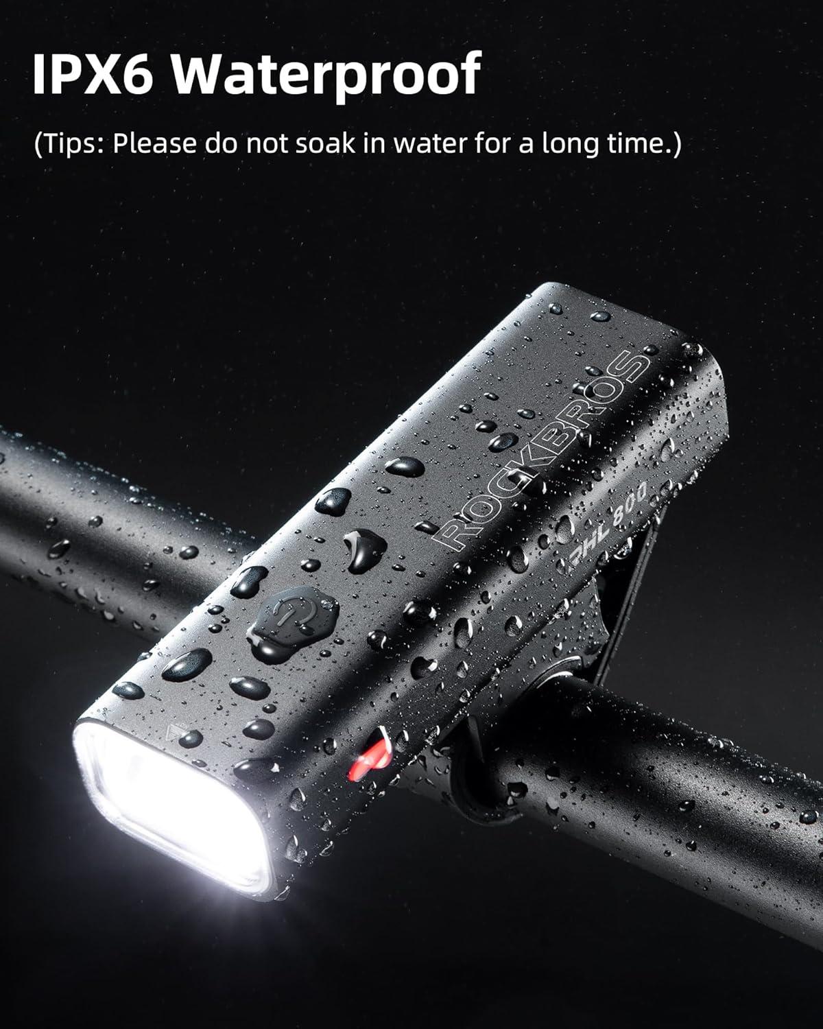 imageROCKBROS Super Bright Bike Light 800Lumens Type C Rechargeable Bike Headlight Led IPX6 Waterproof Bike Front Light 5 Modes Aluminum Alloy Bike Light for Night Riding