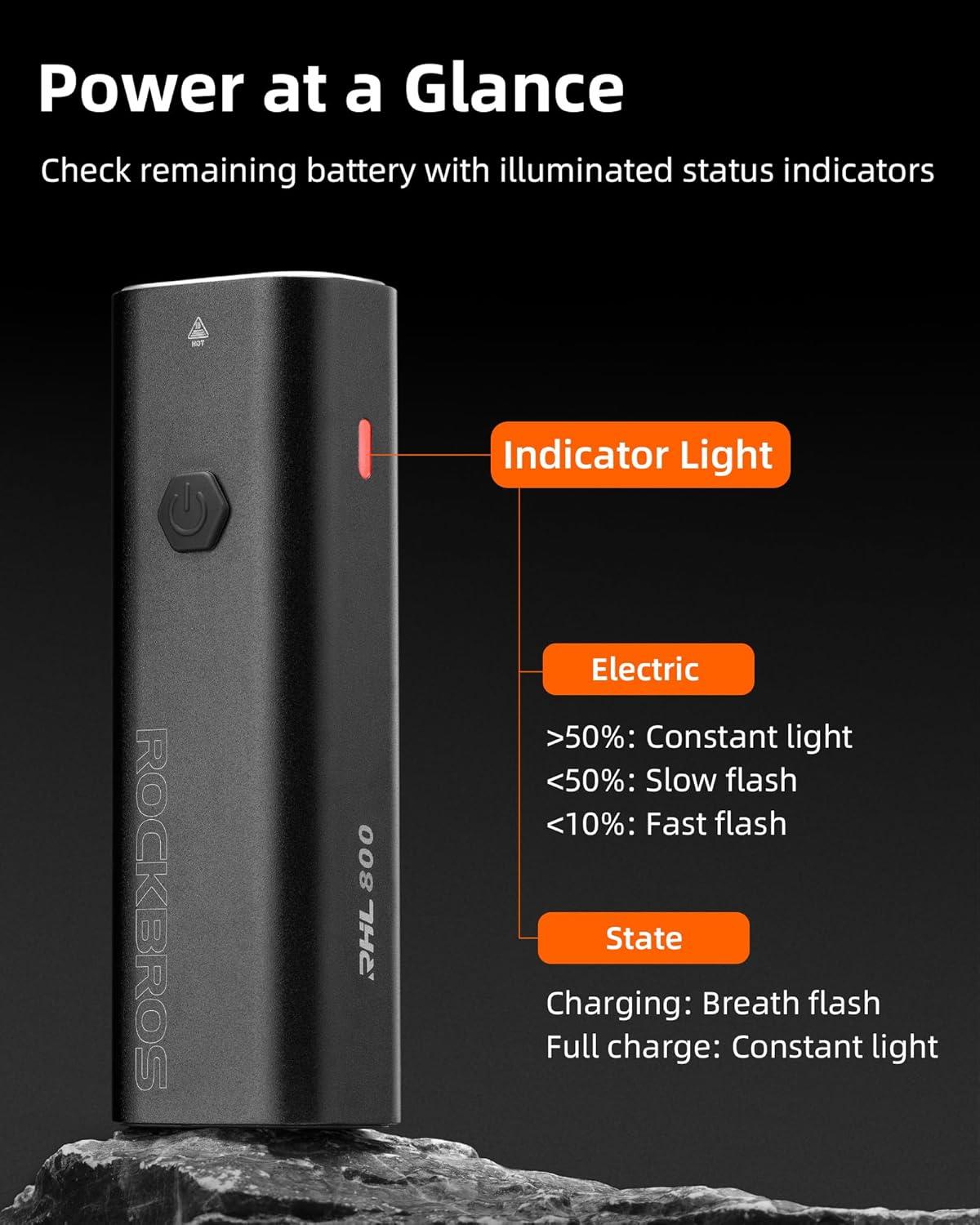 imageROCKBROS Super Bright Bike Light 800Lumens Type C Rechargeable Bike Headlight Led IPX6 Waterproof Bike Front Light 5 Modes Aluminum Alloy Bike Light for Night Riding