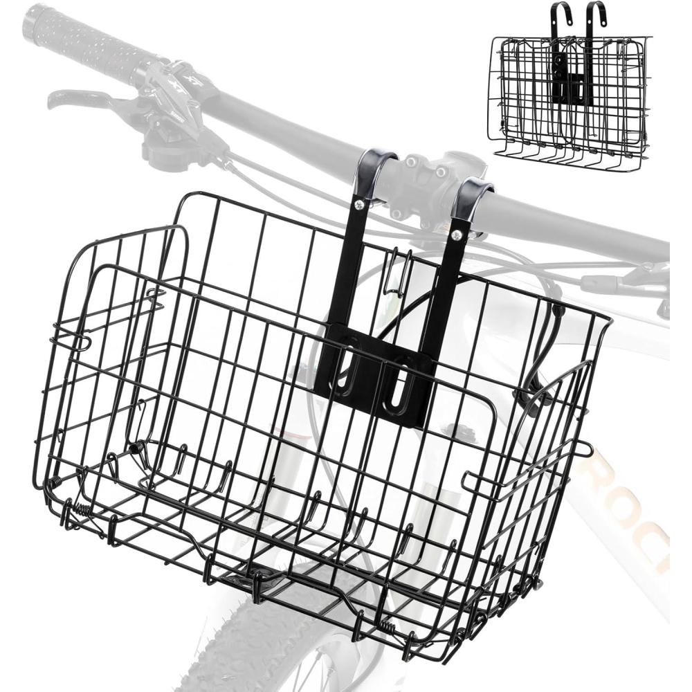 imageROCKBROS Folding Bike Basket Sturdy Front Bicycle Basket Easy to Install for Scooter Mountain Bike and Beach Cruiser