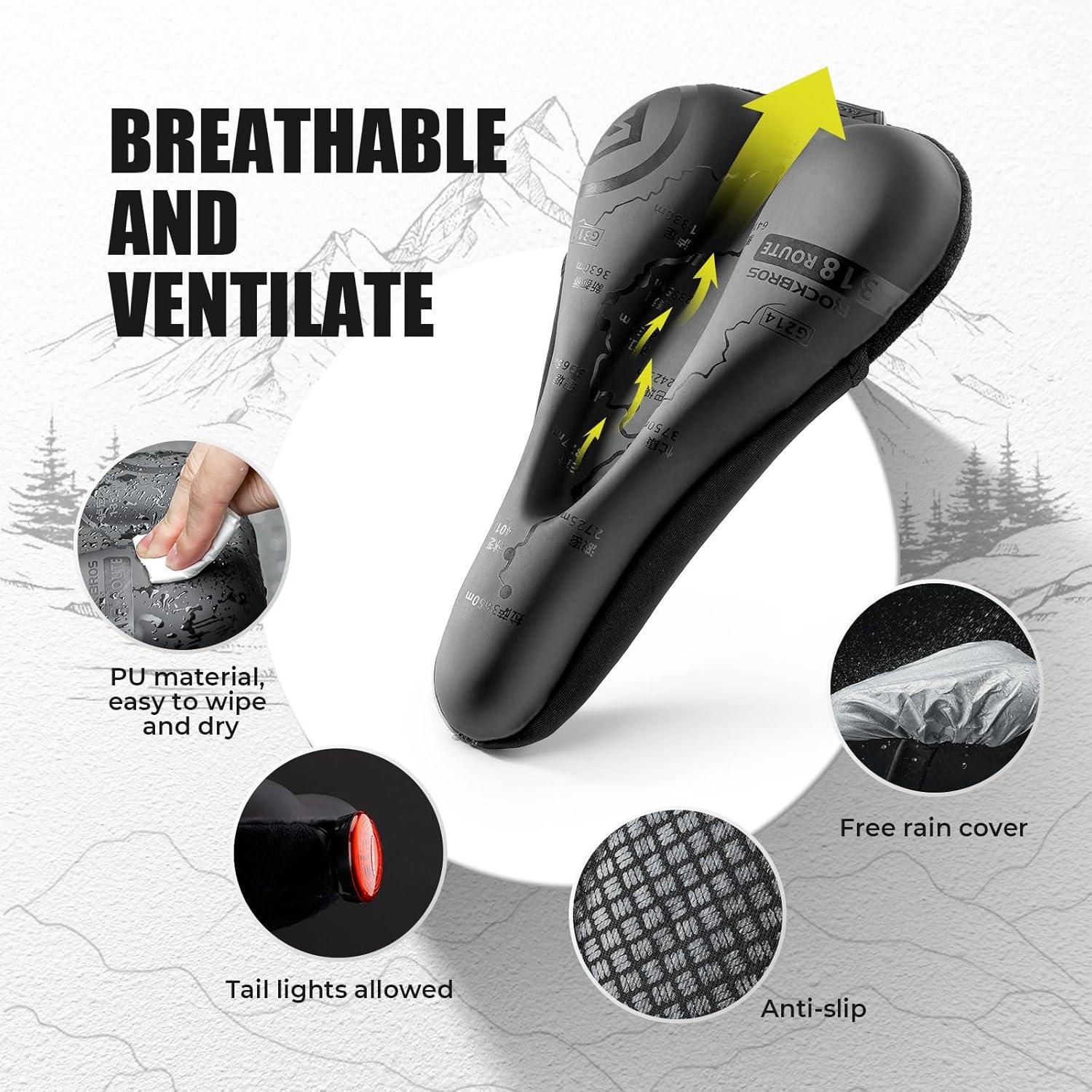 imageROCKBROS Bike Seat Cushion PU Leather Bike Seat Cover for Men Women Comfort Adjustable Bicycle Seat Cushion with Rain Cover Slow Rebound Bicycle Seat Cover for Outdoor Indoor Use