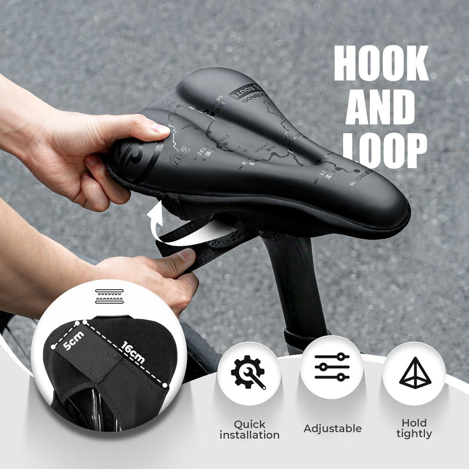 imageROCKBROS Bike Seat Cushion PU Leather Bike Seat Cover for Men Women Comfort Adjustable Bicycle Seat Cushion with Rain Cover Slow Rebound Bicycle Seat Cover for Outdoor Indoor Use