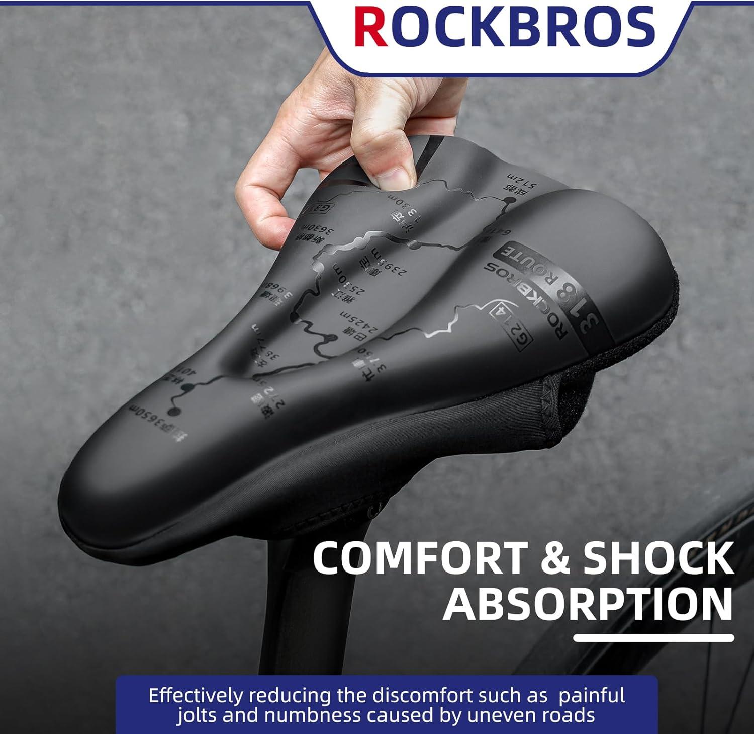 imageROCKBROS Bike Seat Cushion PU Leather Bike Seat Cover for Men Women Comfort Adjustable Bicycle Seat Cushion with Rain Cover Slow Rebound Bicycle Seat Cover for Outdoor Indoor Use