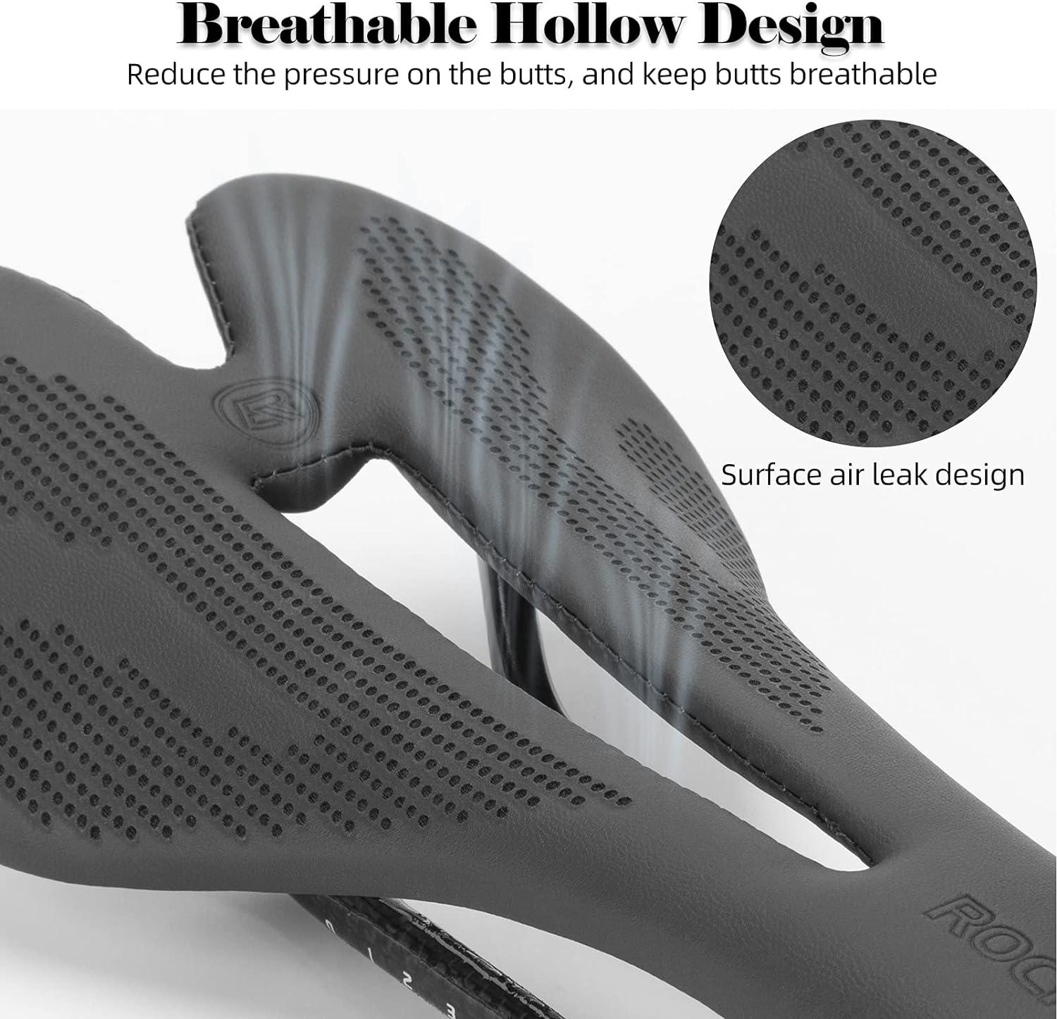imageROCKBROS Bike Seat Lightweight Carbon Fiber Bike Saddle Comfortable Road Bike Seat Bicycle Accessories for Men Women Pneumatic Cycling Saddle Cushion Shock Absorbing for Road MTB Mountain Bikes152MM Width