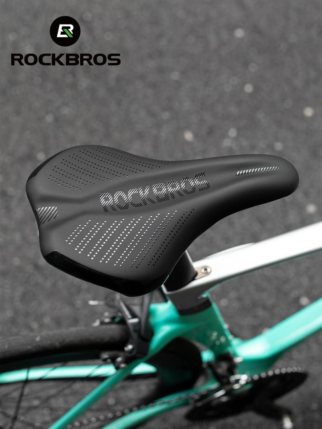 imageROCKBROS Comfortable Bike Seat Cushion Made of Thick HighDensity Memory Foam for Men Women Waterproof High Carbon Steel Bike Seat Fit for Mountain Road Bike with Dense AntiSlip Reflective Dots